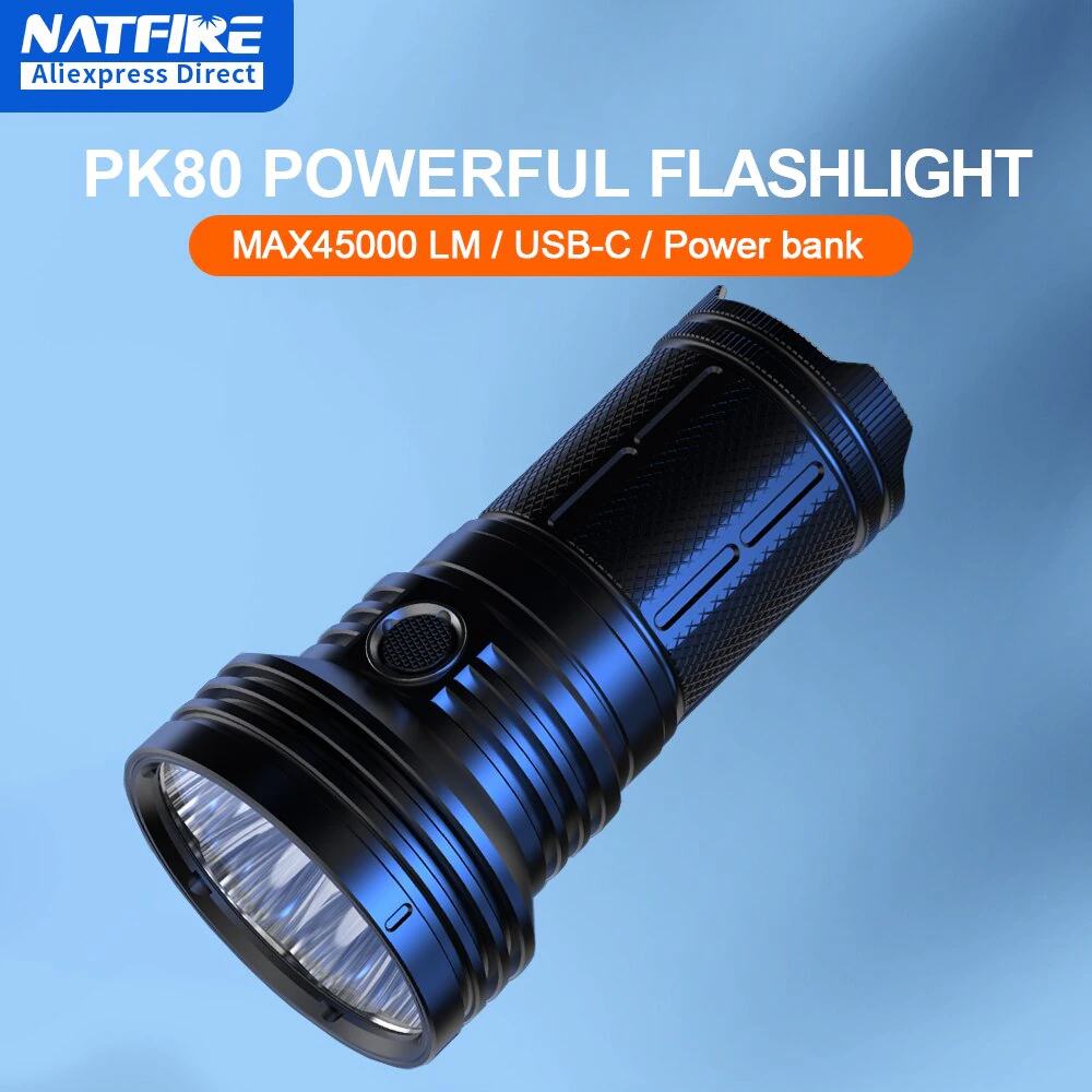 45000lm ultra powerful flashlight strong light usb-c rechargeable led torch 10400mah 18650 battery power bank search rescue pk80