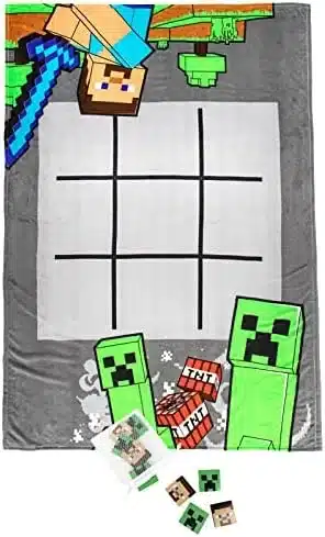 Minecraft tic tac toe game blanket – 3 piece set includes plush blanket, 10 pieces, & storage bag (official minecraft product)
