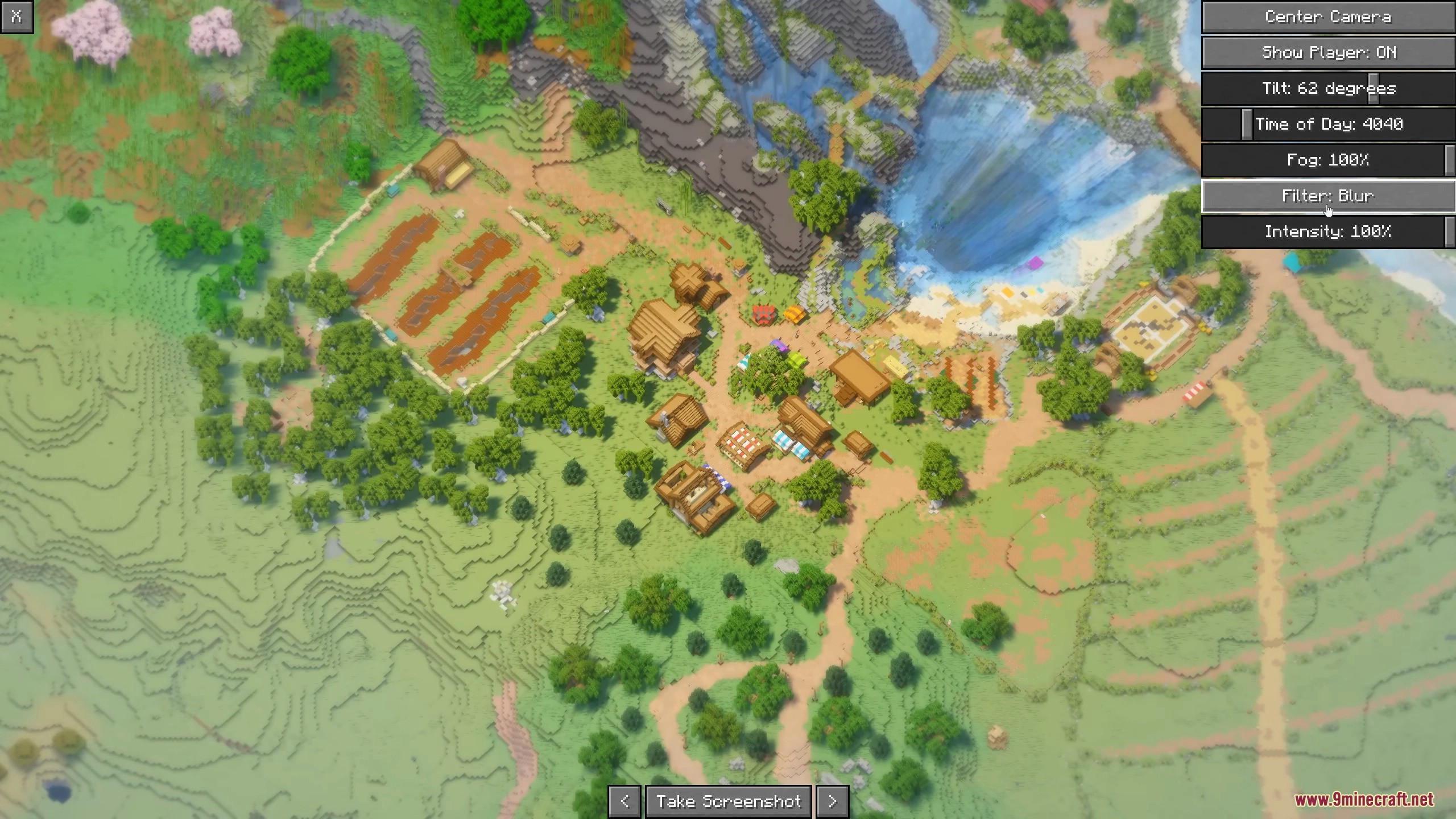 Picture Mode Mod (26.1.1, 1.20.1) – Capture Isometric Screenshots Easily 4 Aerial farm village landscape with buildings and fields