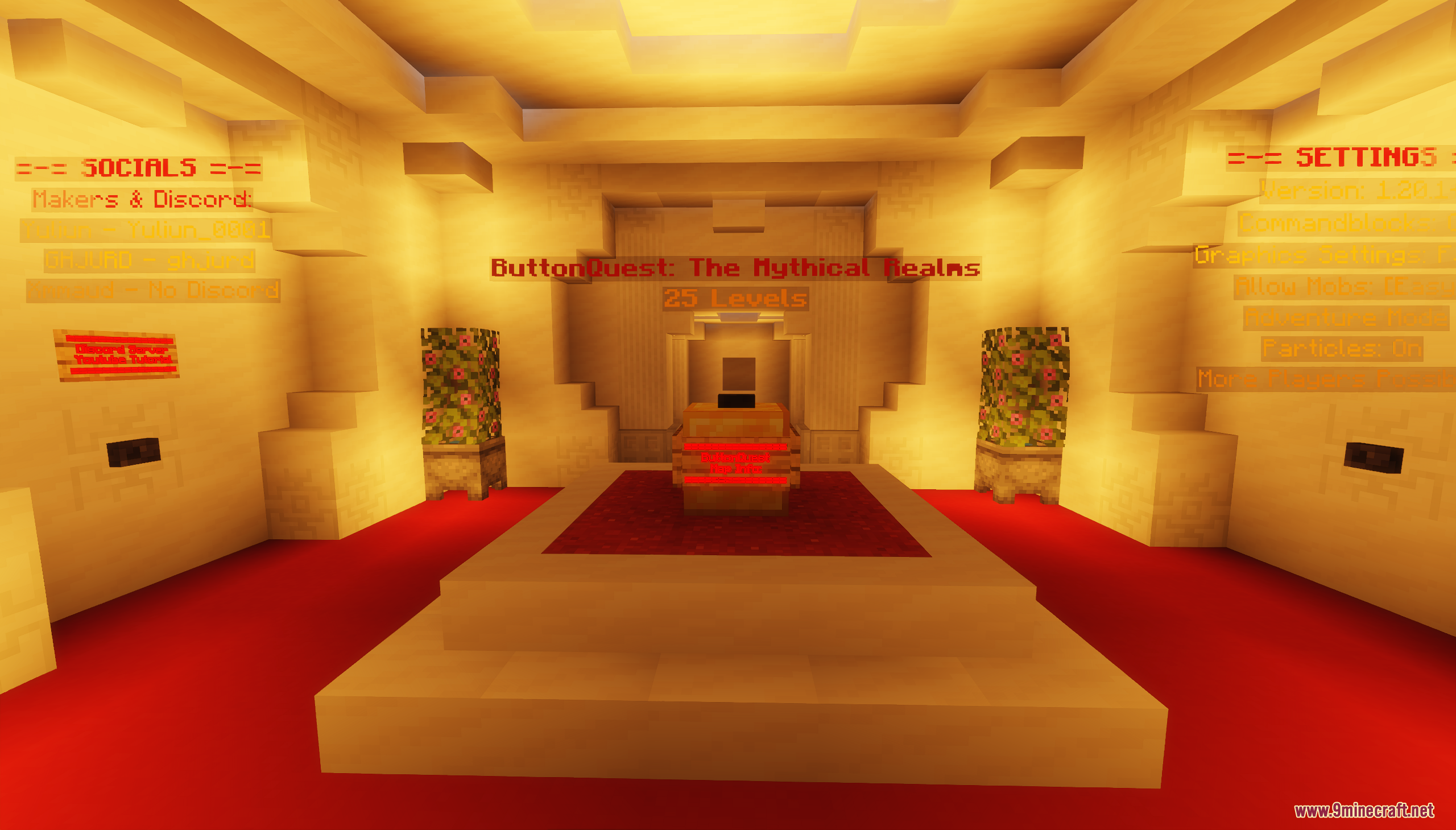 Button Quest Map (26.1.2, 1.20.1) – The Mythical Realms 2 Starting lobby room with floating text for buttonquest map