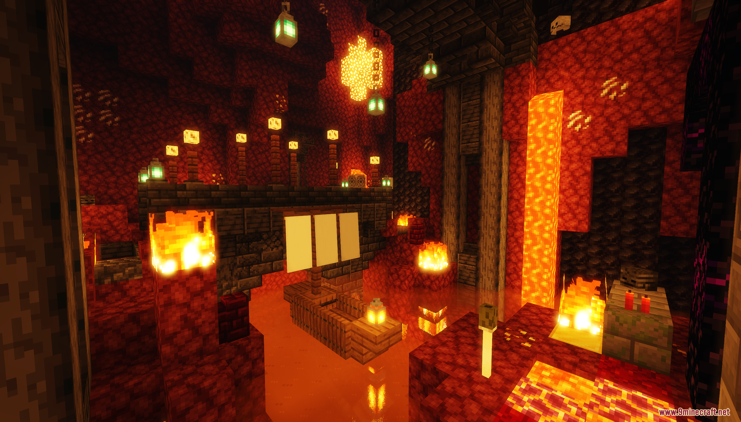 Button Quest Map (26.1.2, 1.20.1) – The Mythical Realms 11 Nether themed room with lava pool and small wooden boat