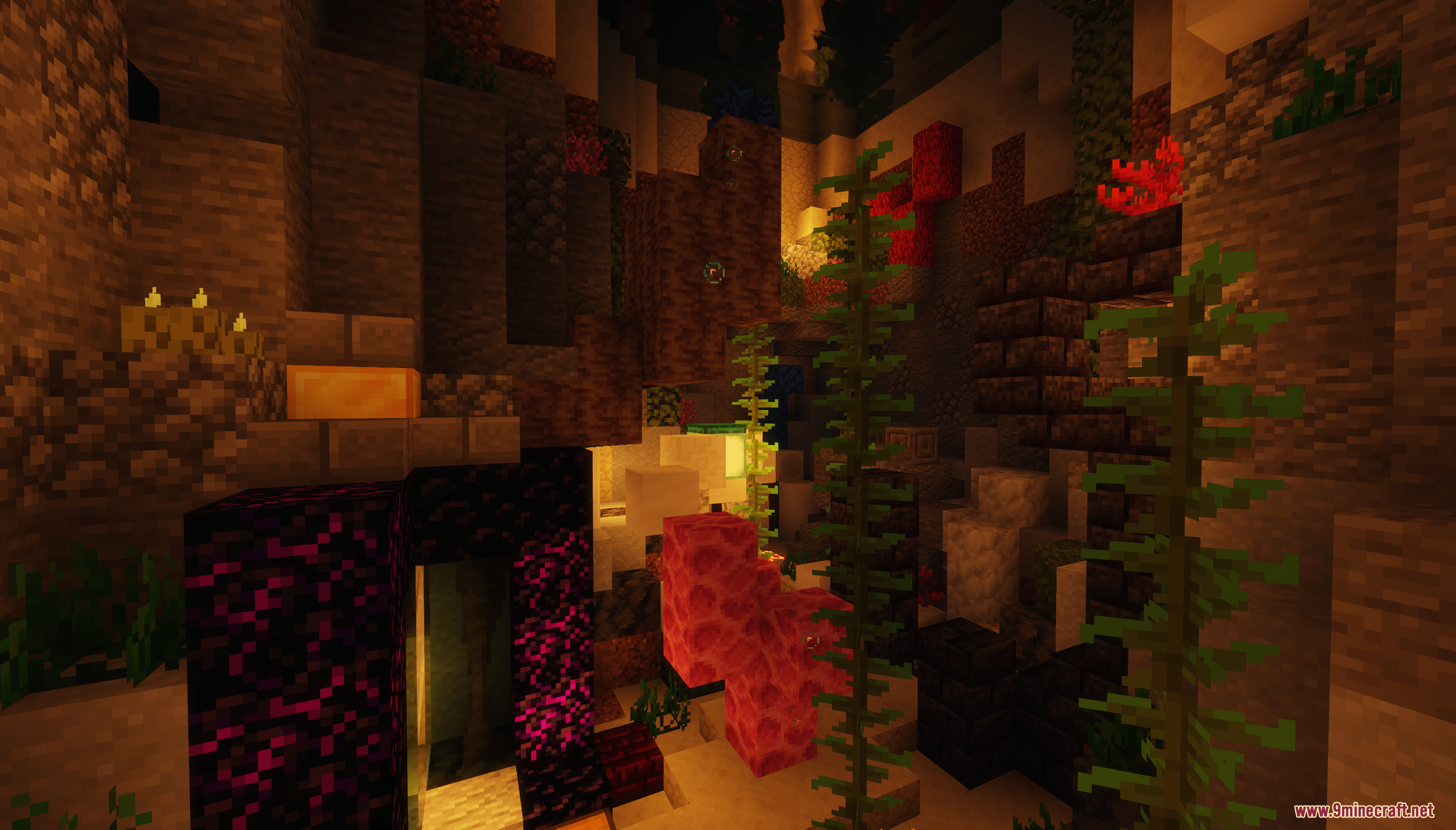 Button Quest Map (26.1.2, 1.20.1) – The Mythical Realms 3 Underwater cave level featuring coral blocks kelp and obsidian portal