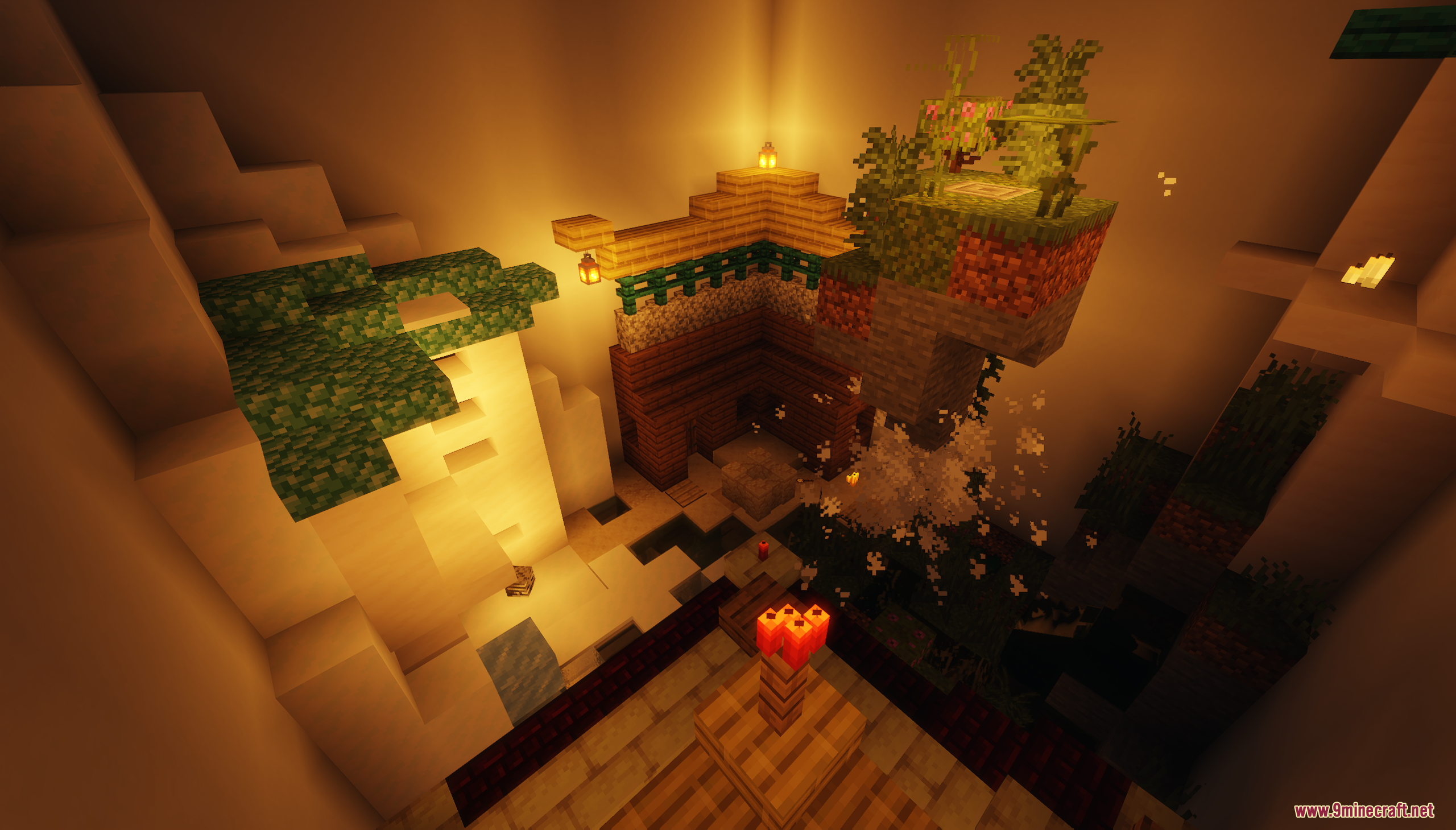 Button Quest Map (26.1.2, 1.20.1) – The Mythical Realms 5 Floating island level inside a cave with waterfall and vines
