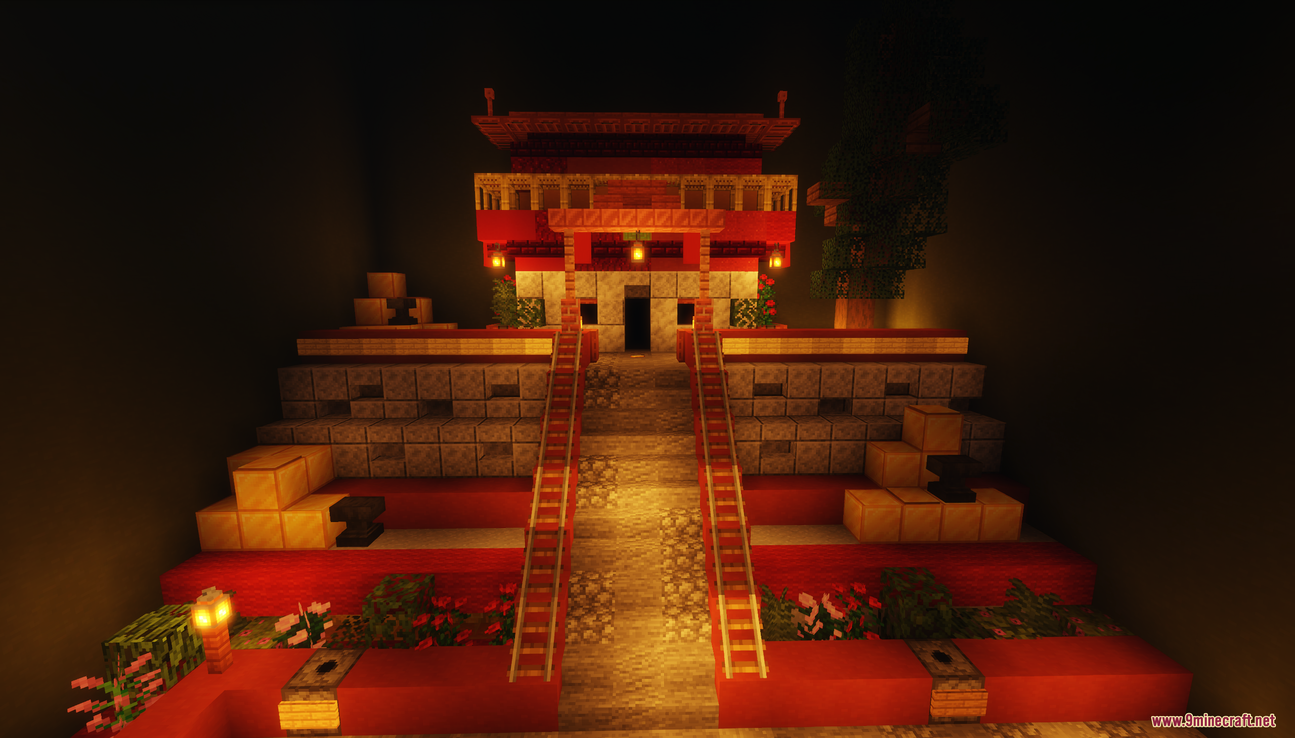 Button Quest Map (26.1.2, 1.20.1) – The Mythical Realms 6 Red and white asian temple structure with long stone staircase