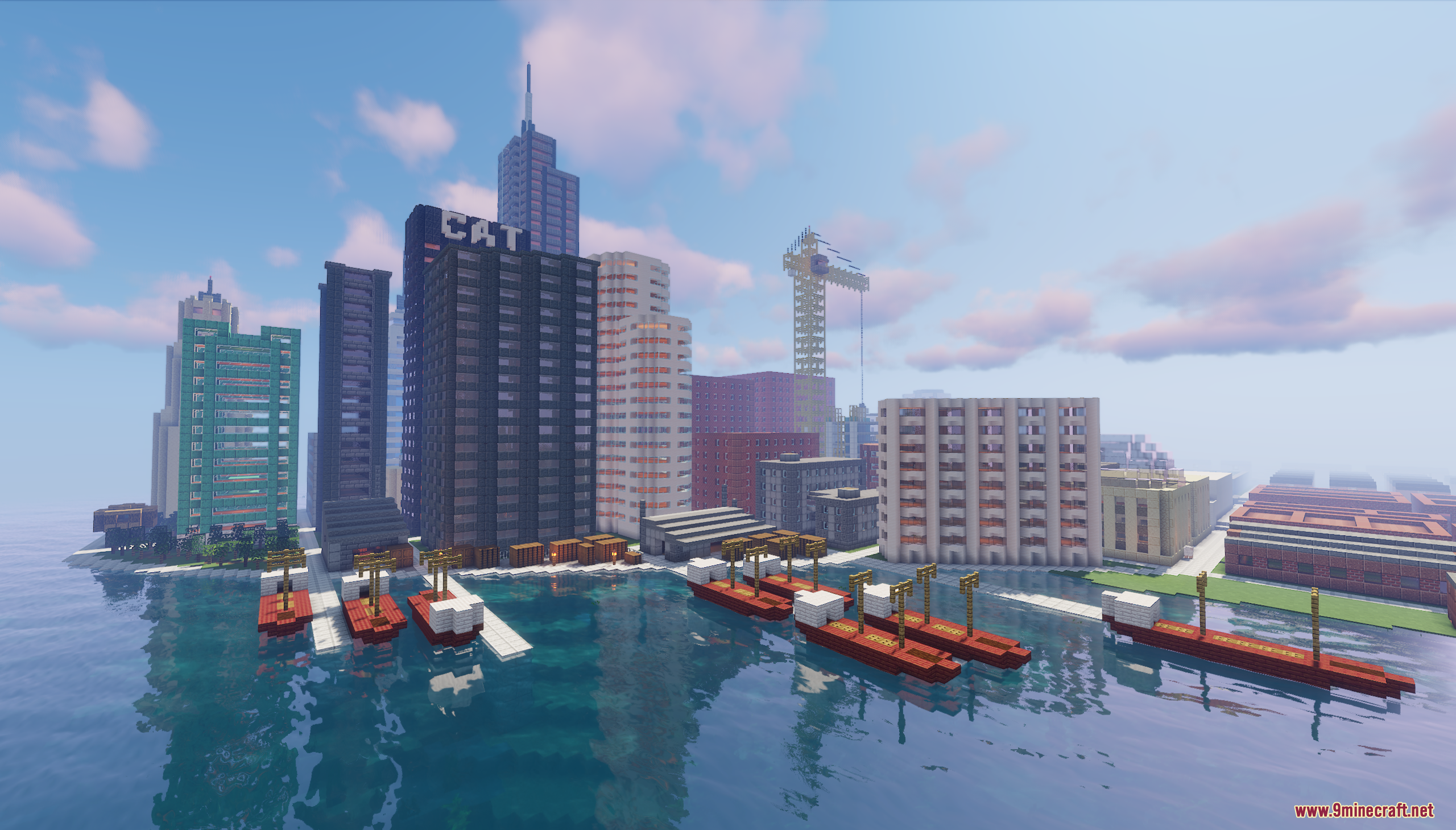Coastal minecraft city skyline view featuring a port with cargo ships