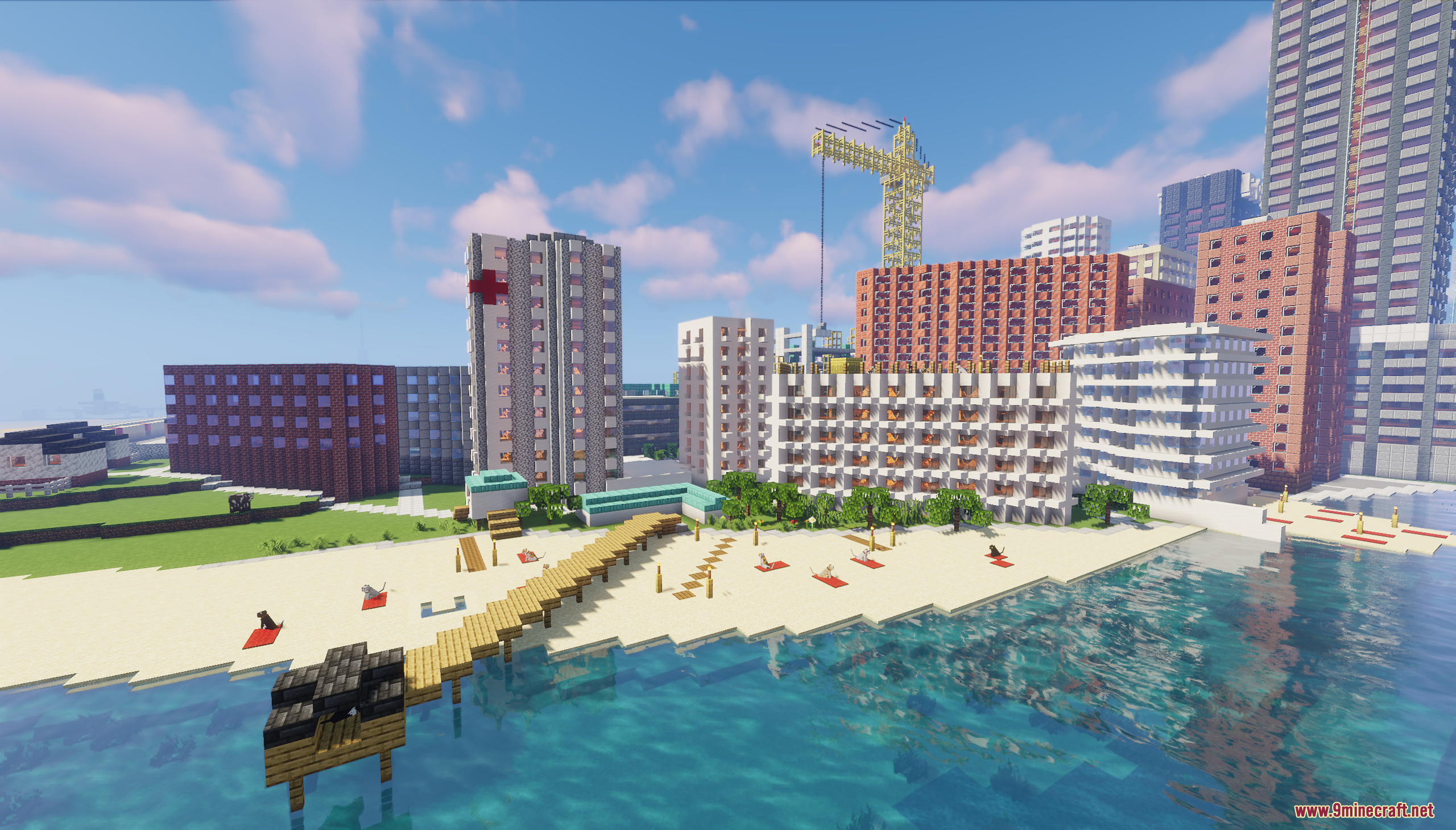 Beach area in cat city map featuring wooden pier and hospital building