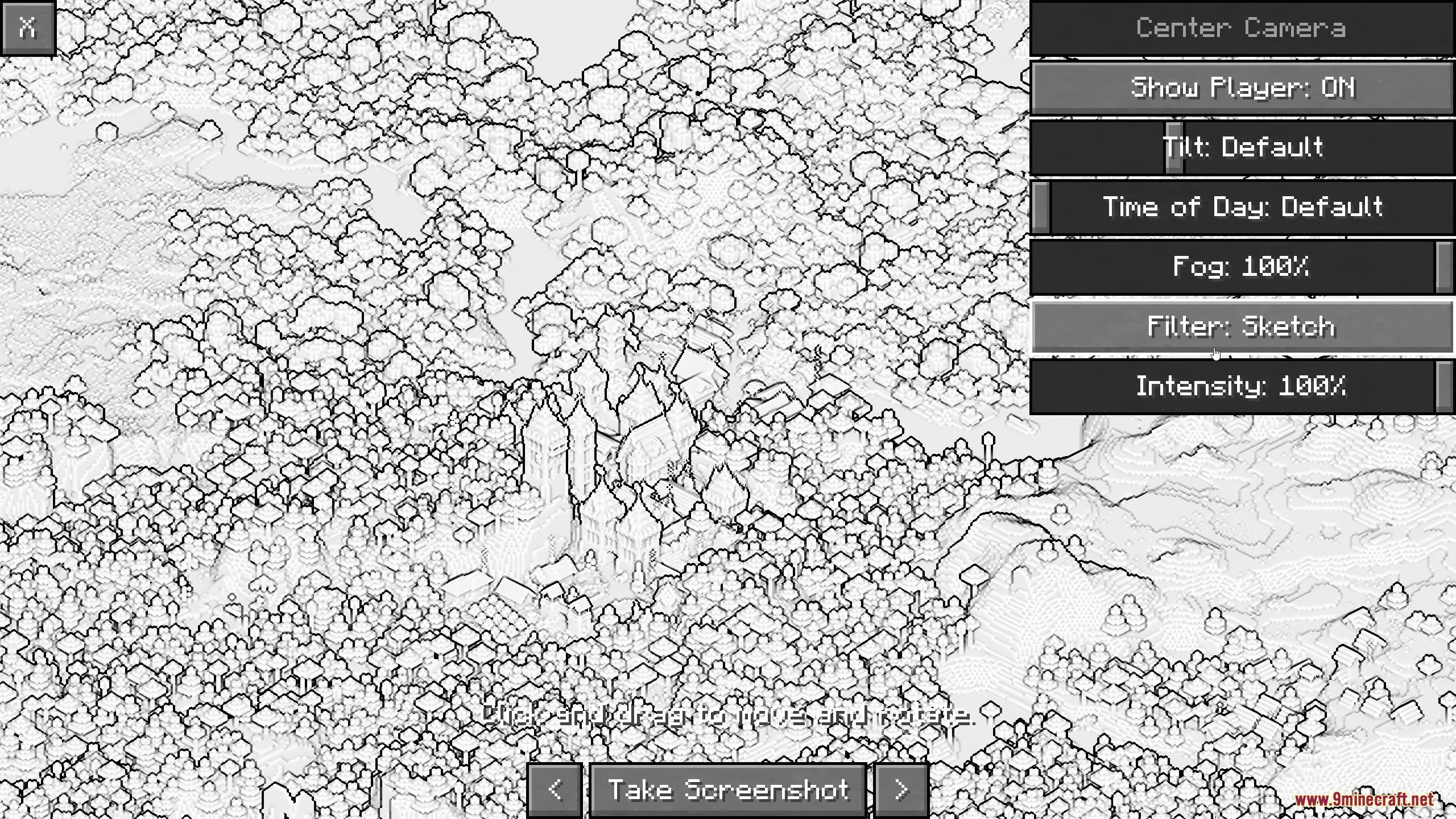 Picture Mode Mod (26.1.1, 1.20.1) – Capture Isometric Screenshots Easily 10 Dense forest with sketch filter applied
