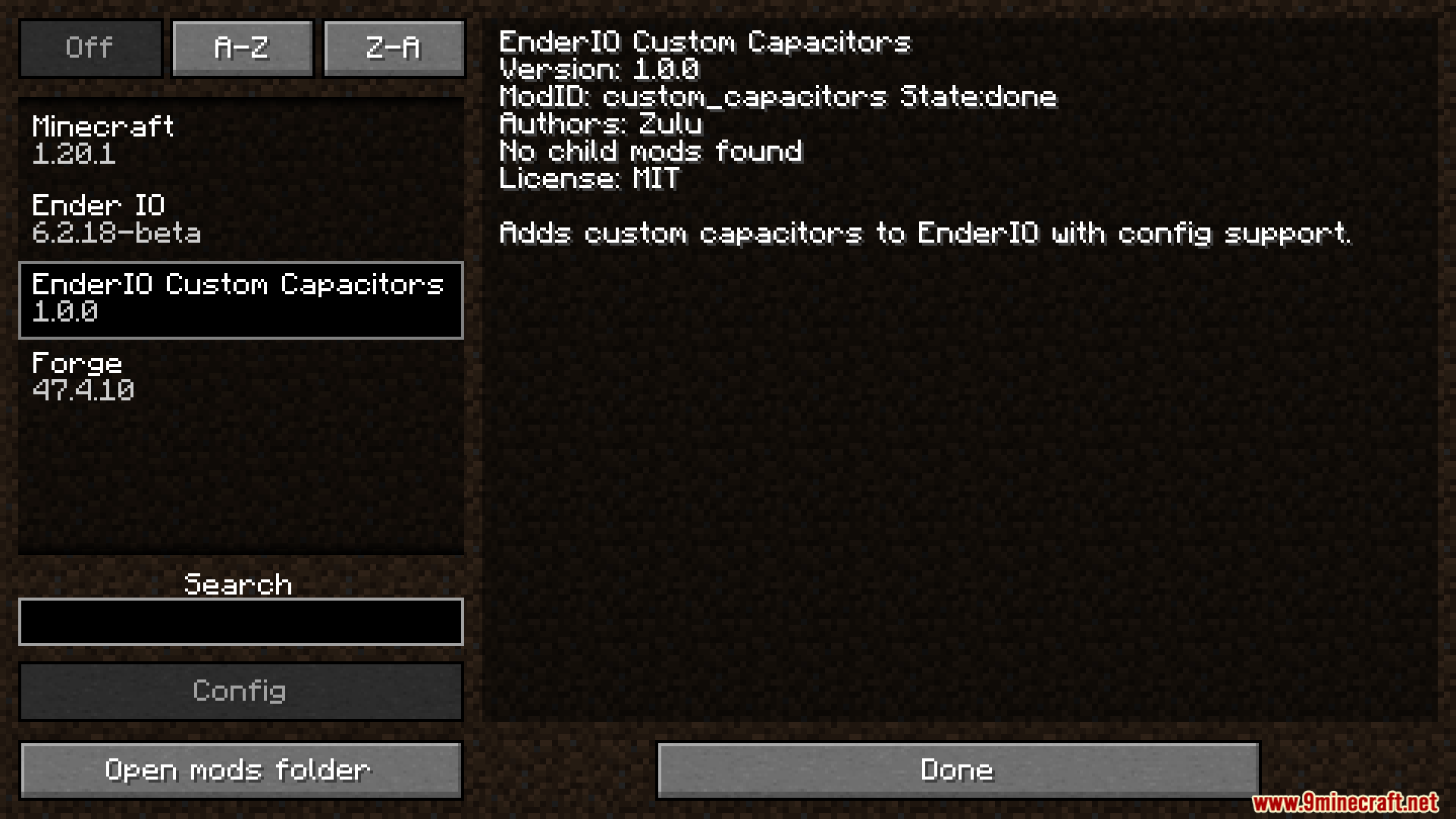 Ender Io Custom Capacitors Mod (1.21.1, 1.20.1) – Adds Custom Capacitor Tiers 2 Mod list menu showing the ender io custom capacitors mod details