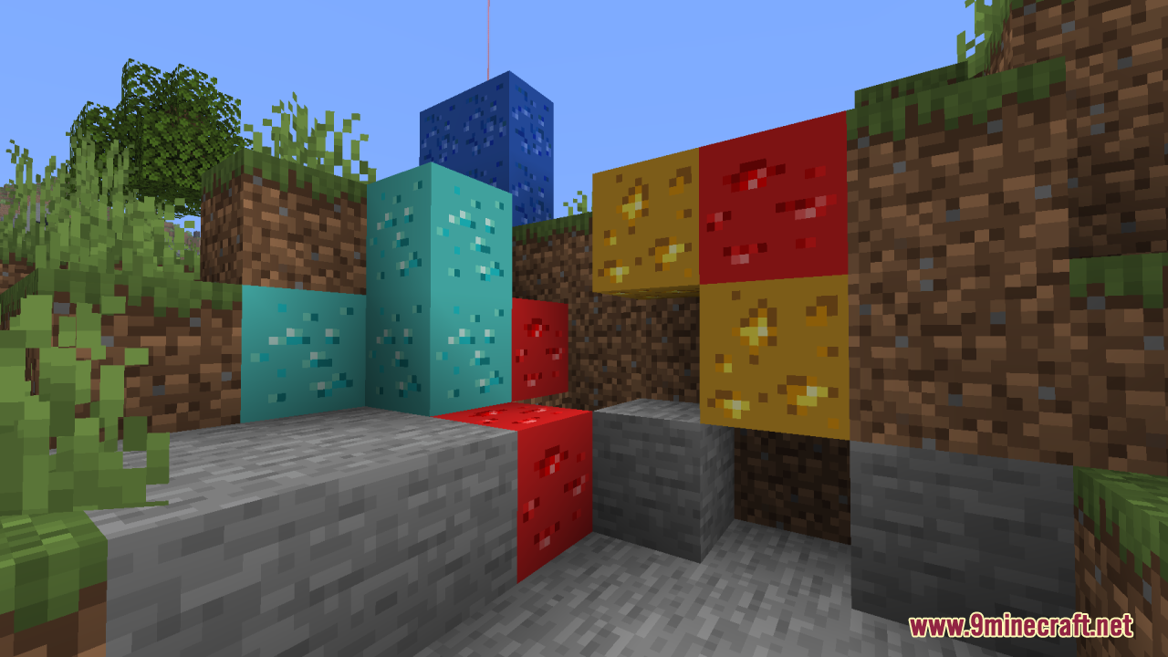 Glow Up – Emissive Ores Resource Pack (1.21.11, 1.20.1) – Makes Modded Ores Glow Brightly 13 Colorful glowing ore blocks embedded into a small dirt hill
