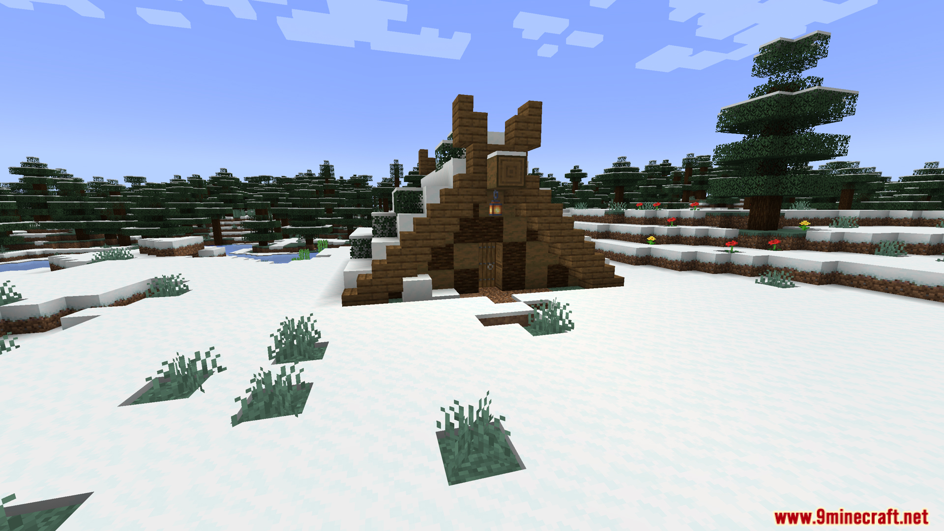 Jaki Versatile Structures Mod (1.20.1) – Adds New Vanilla Style Structures 11 Small wooden tent structure covered with snow in a winter landscape