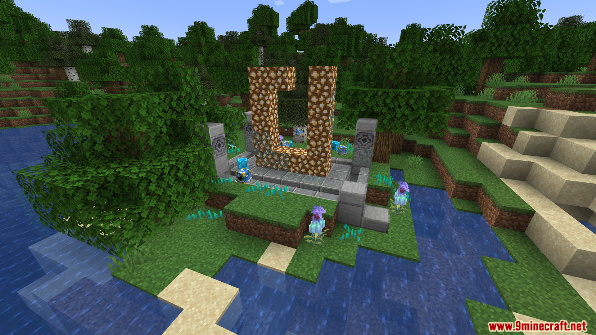 Jaki Versatile Structures Mod (1.20.1) – Adds New Vanilla Style Structures 8 U shaped glowstone structure with stone pillars and blue flowers