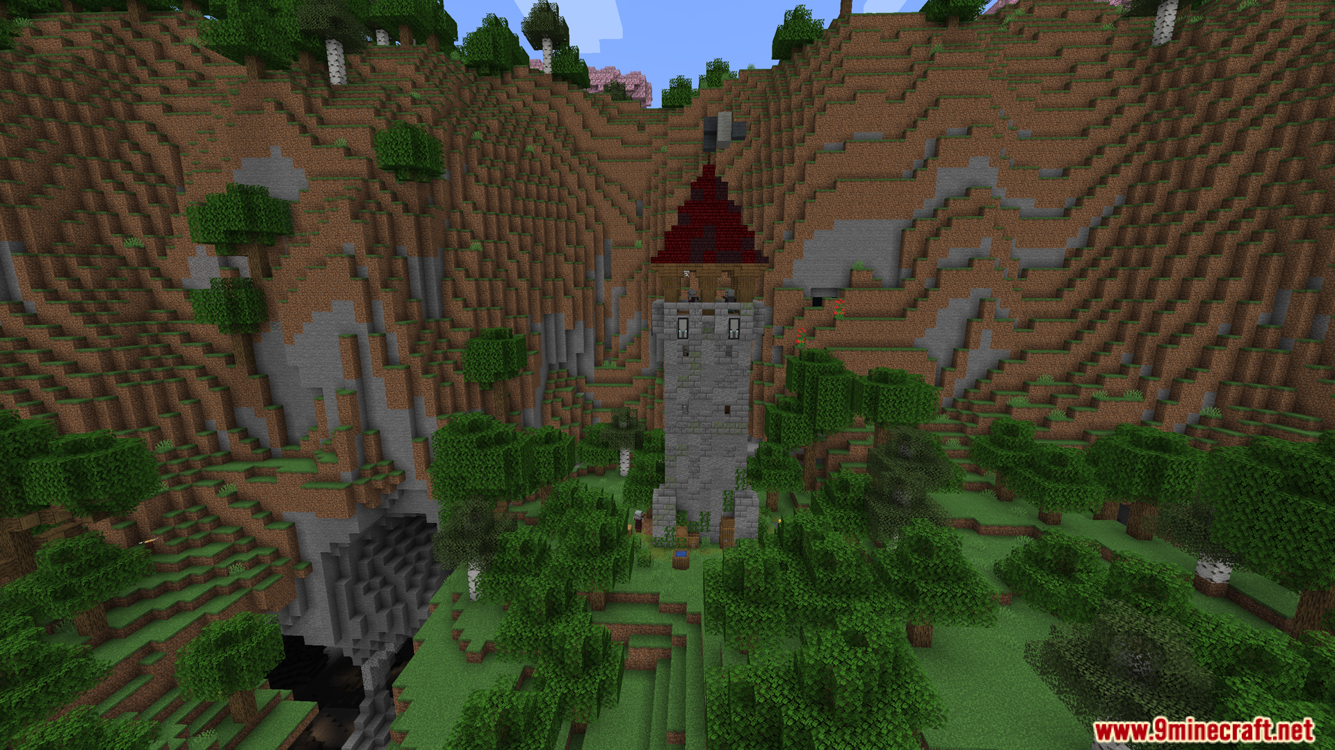 Jaki Versatile Structures Mod (1.20.1) – Adds New Vanilla Style Structures 9 Tall stone illager tower with red roof in grassy valley