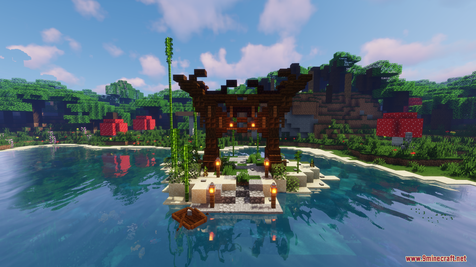 Japanese Style Village Map (26.1.2, 1.20.1) – Cozy Survival 5 Traditional wooden gate on small island with bamboo and water