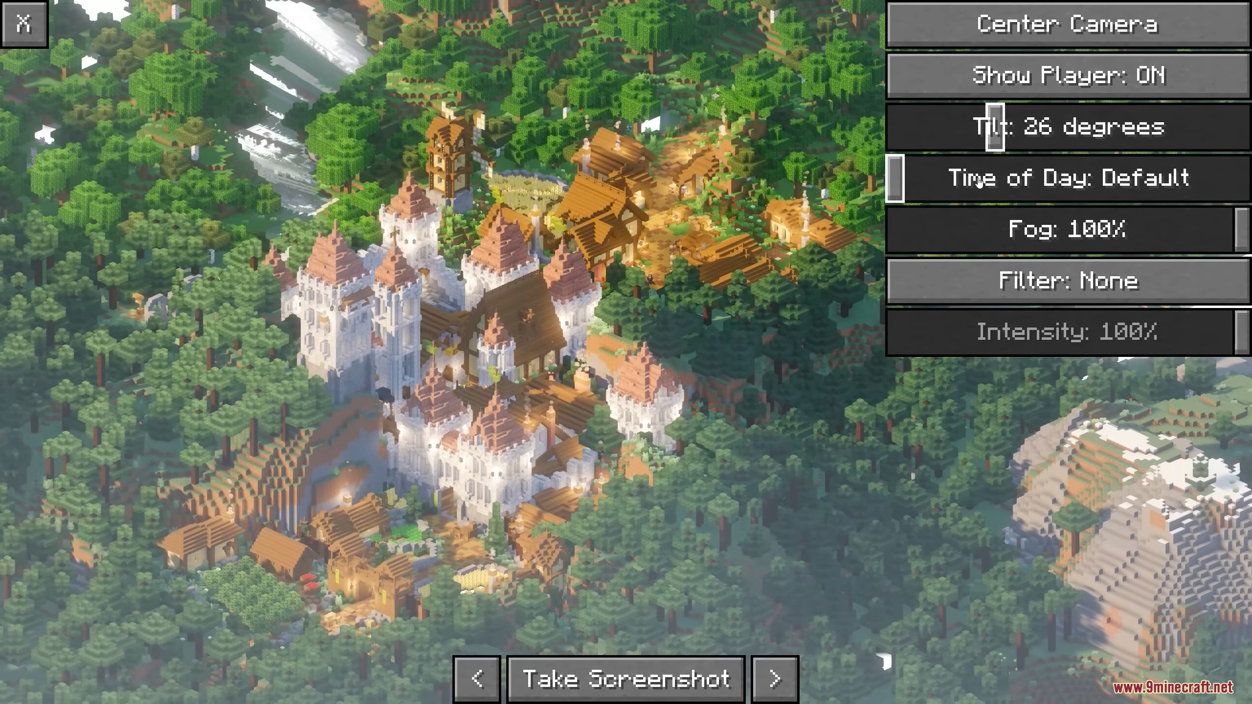 Picture Mode Mod (26.1.1, 1.20.1) – Capture Isometric Screenshots Easily 8 Large castle structure forest aerial view