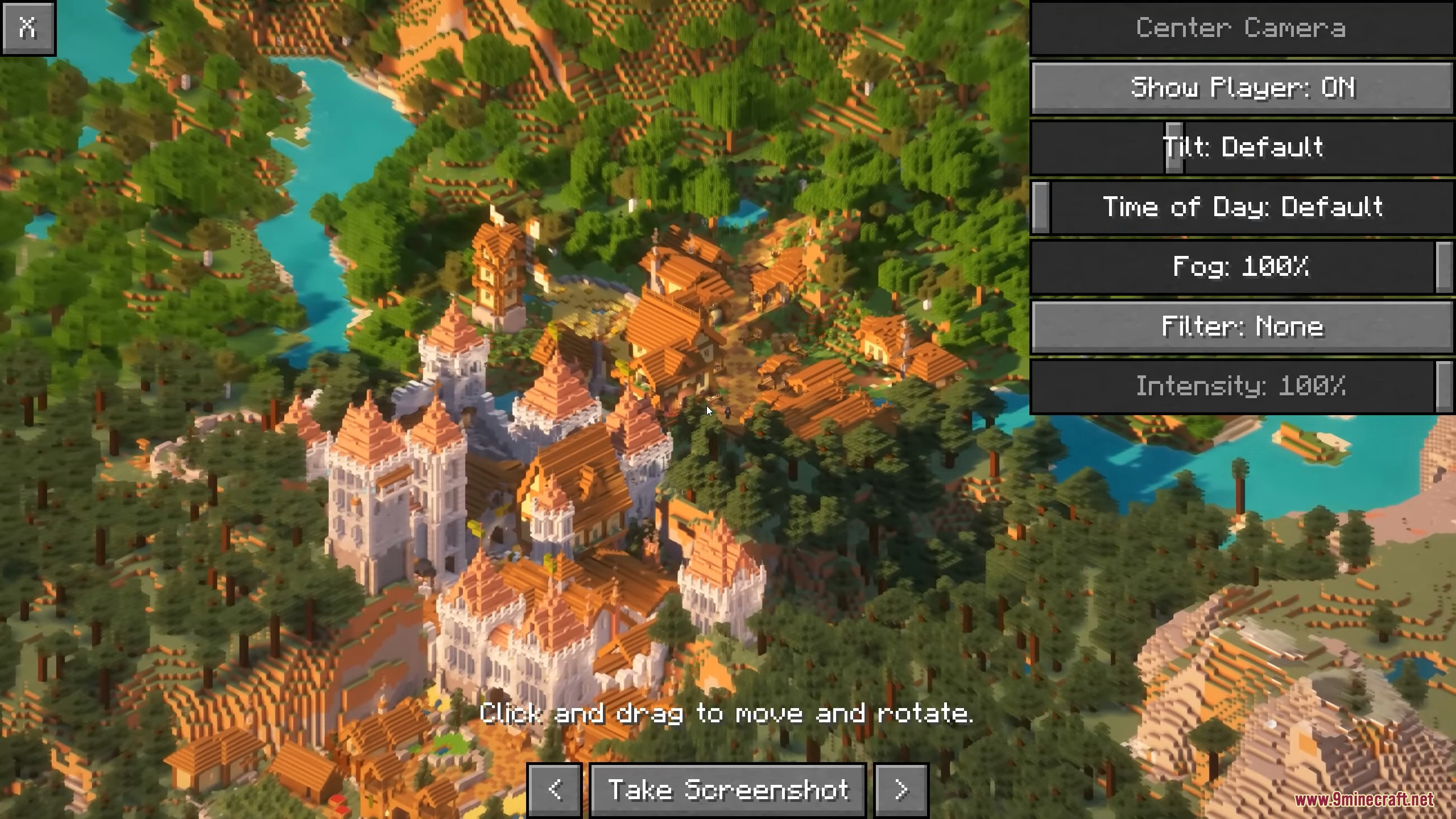 Picture Mode Mod (26.1.1, 1.20.1) – Capture Isometric Screenshots Easily 6 Large castle structure surrounded by forest