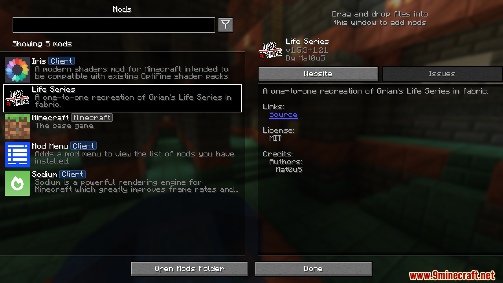 Mod menu screen displaying the life series mod selected in the list