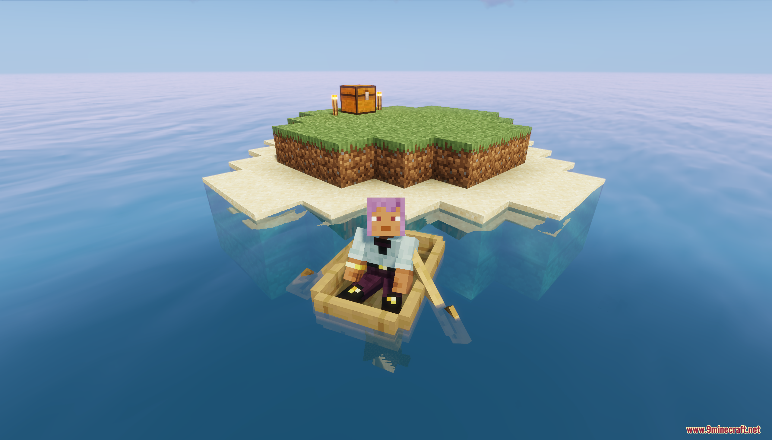 Lonely Island Map (26.1.2, 1.20.1) – Survive On A Single Island 4 Small survival island with a chest and wooden boat nearby