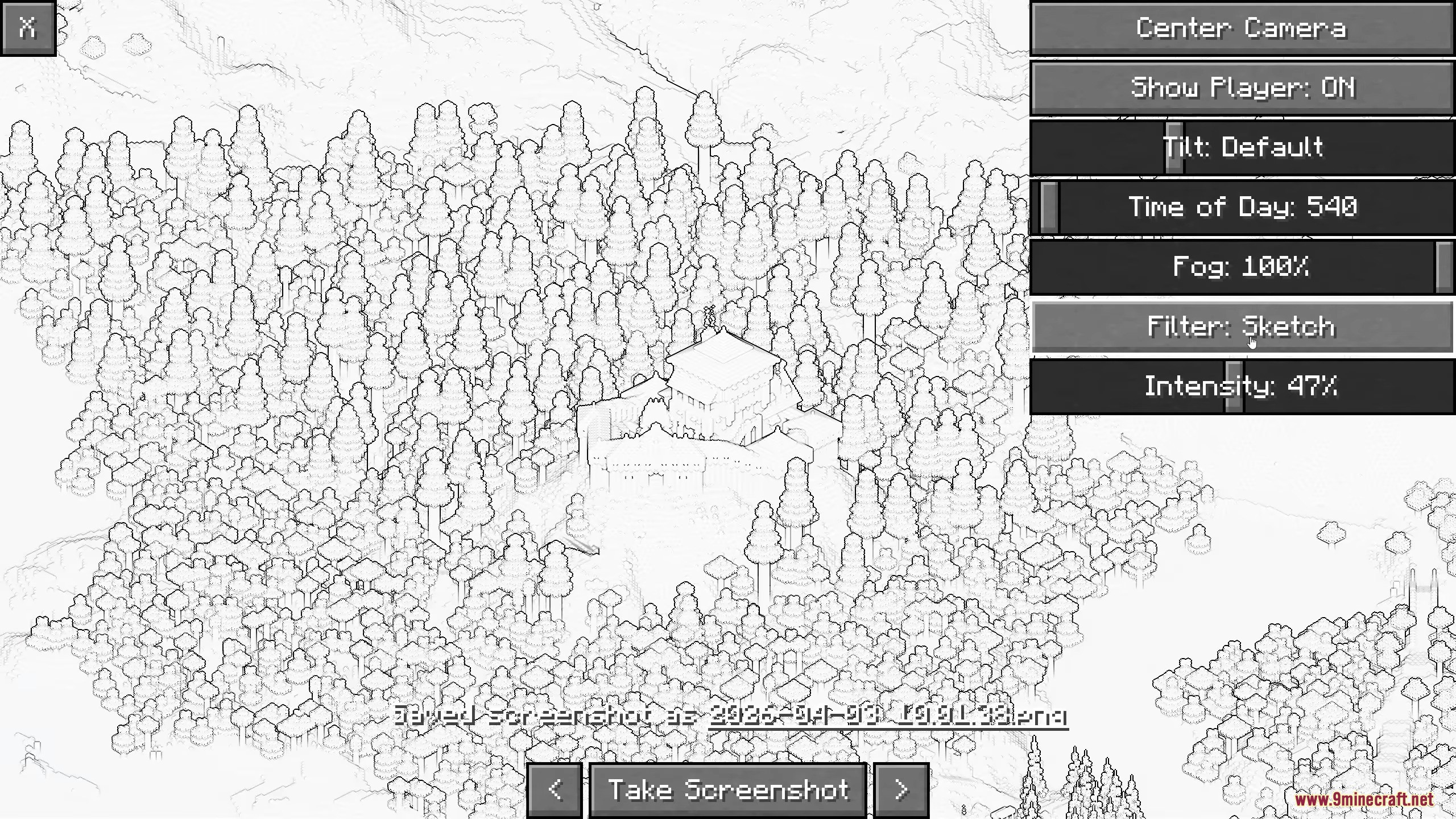 Picture Mode Mod (26.1.1, 1.20.1) – Capture Isometric Screenshots Easily 14 Minecraft forest village sketch filter screenshot