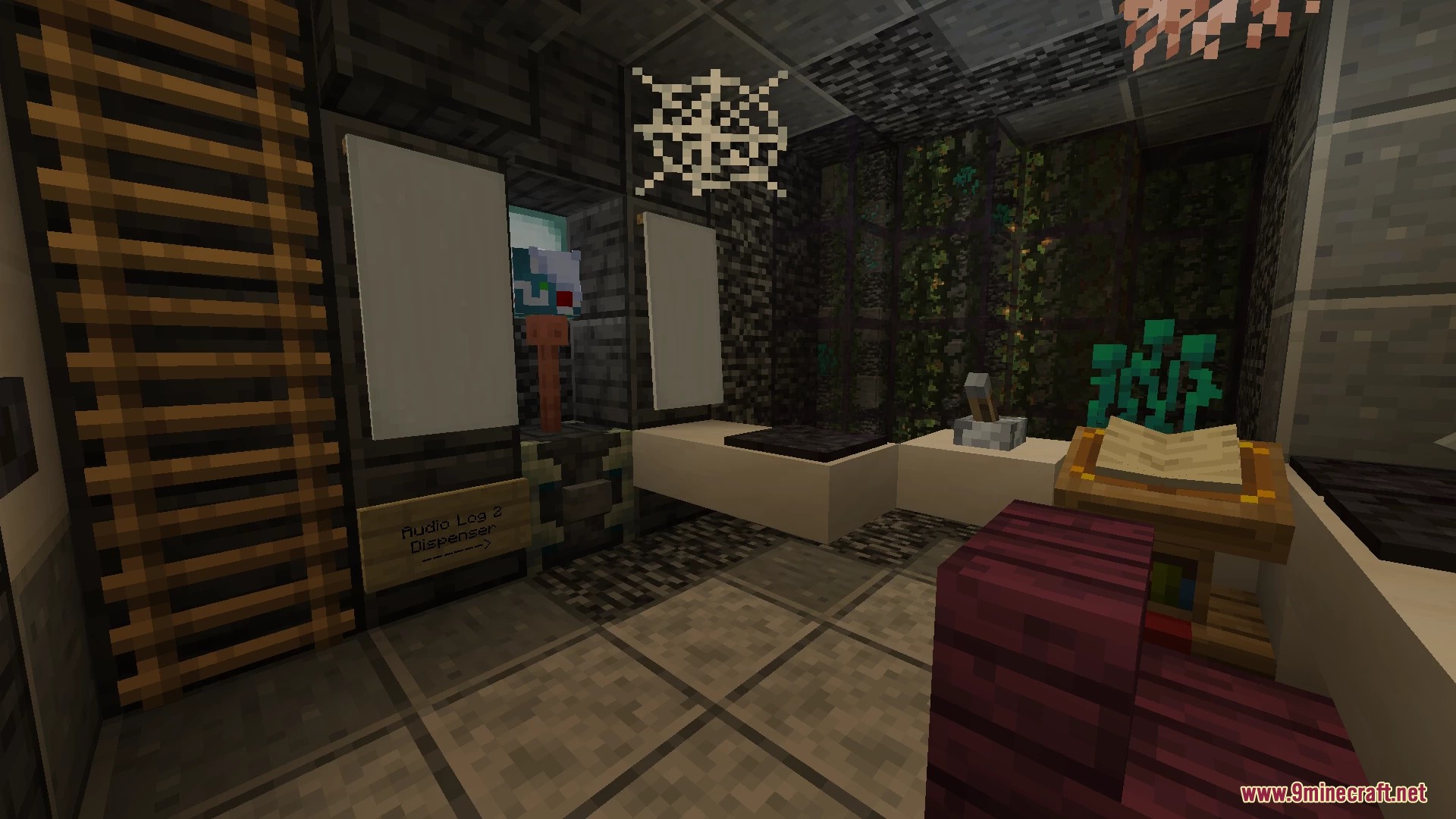Mosslorn Abandoned Overgrown City With Lore Map (26.1.2, 1.20.1) – Overgrown Ruined City 13 Reading lore from an audio log dispenser inside a small room