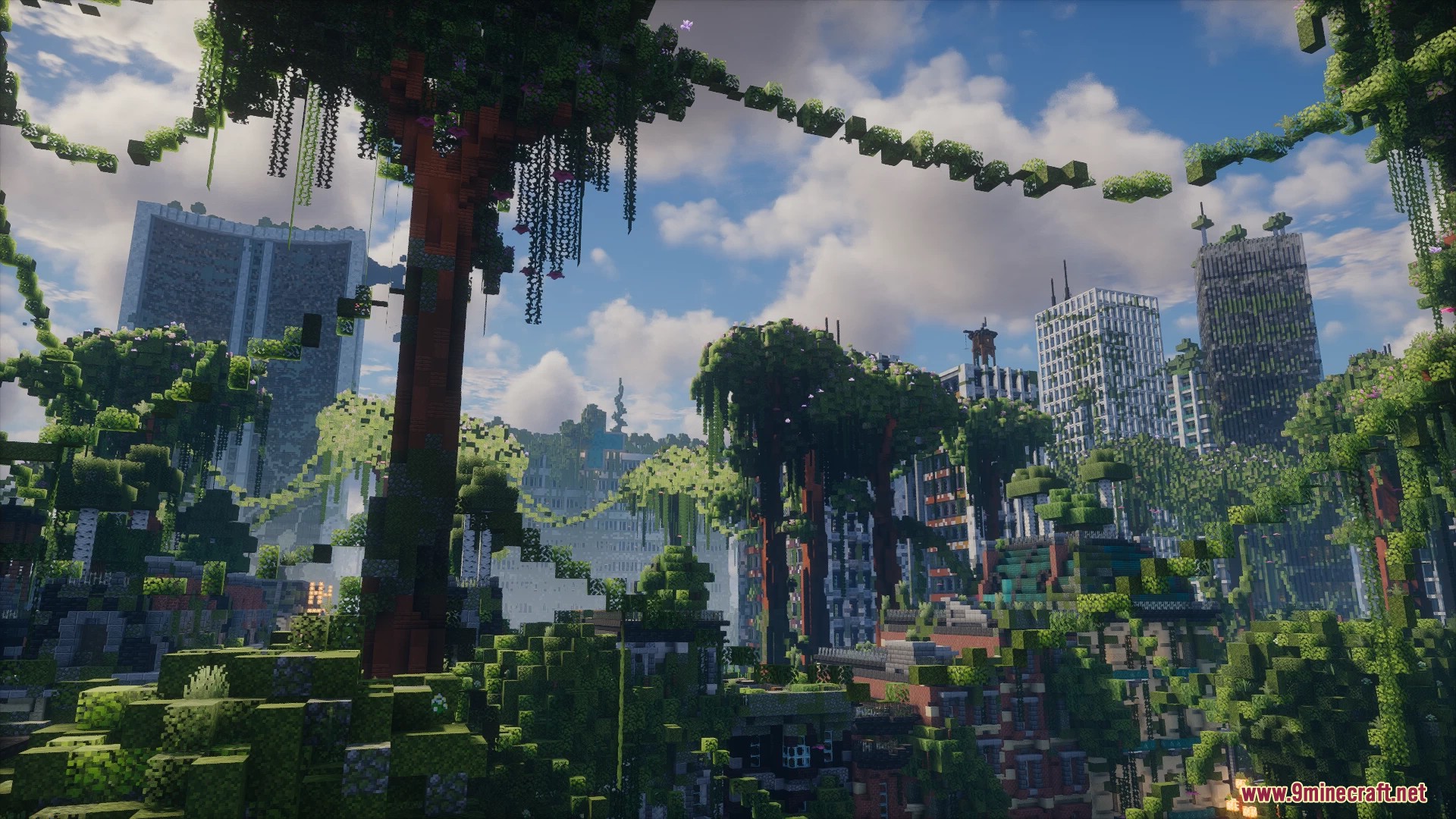 Mosslorn Abandoned Overgrown City With Lore Map (26.1.2, 1.20.1) – Overgrown Ruined City 16 Wide view of the mosslorn overgrown city with massive custom trees