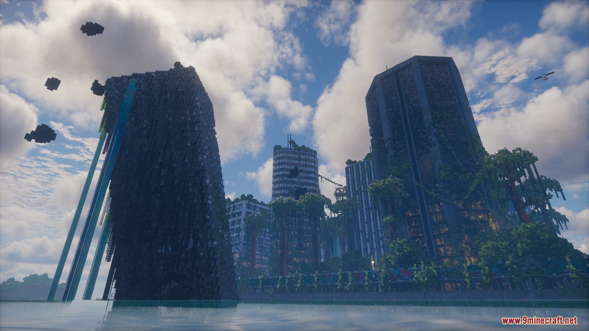 Mosslorn Abandoned Overgrown City With Lore Map (26.1.2, 1.20.1) – Overgrown Ruined City 17 Damaged city skyscrapers beside water with floating sculk blocks in sky
