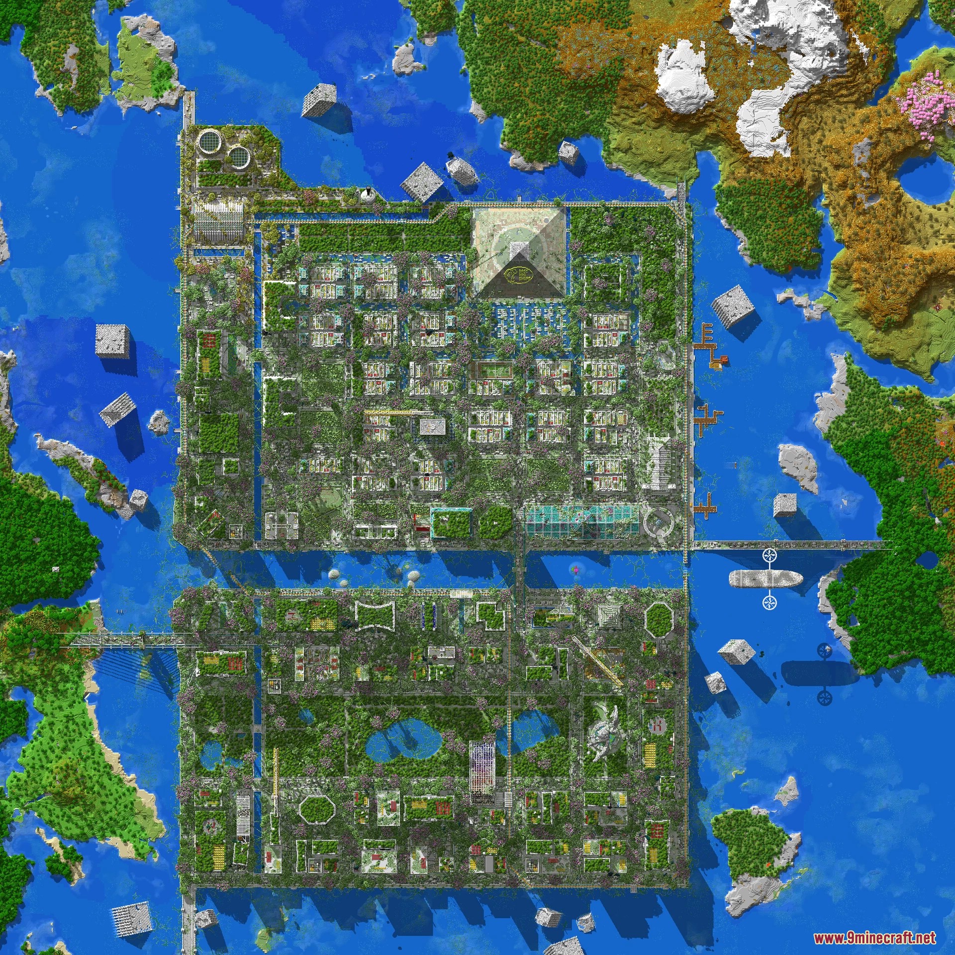 Mosslorn Abandoned Overgrown City With Lore Map (26.1.2, 1.20.1) – Overgrown Ruined City 19 Aerial view of the giant square abandoned city with pyramid