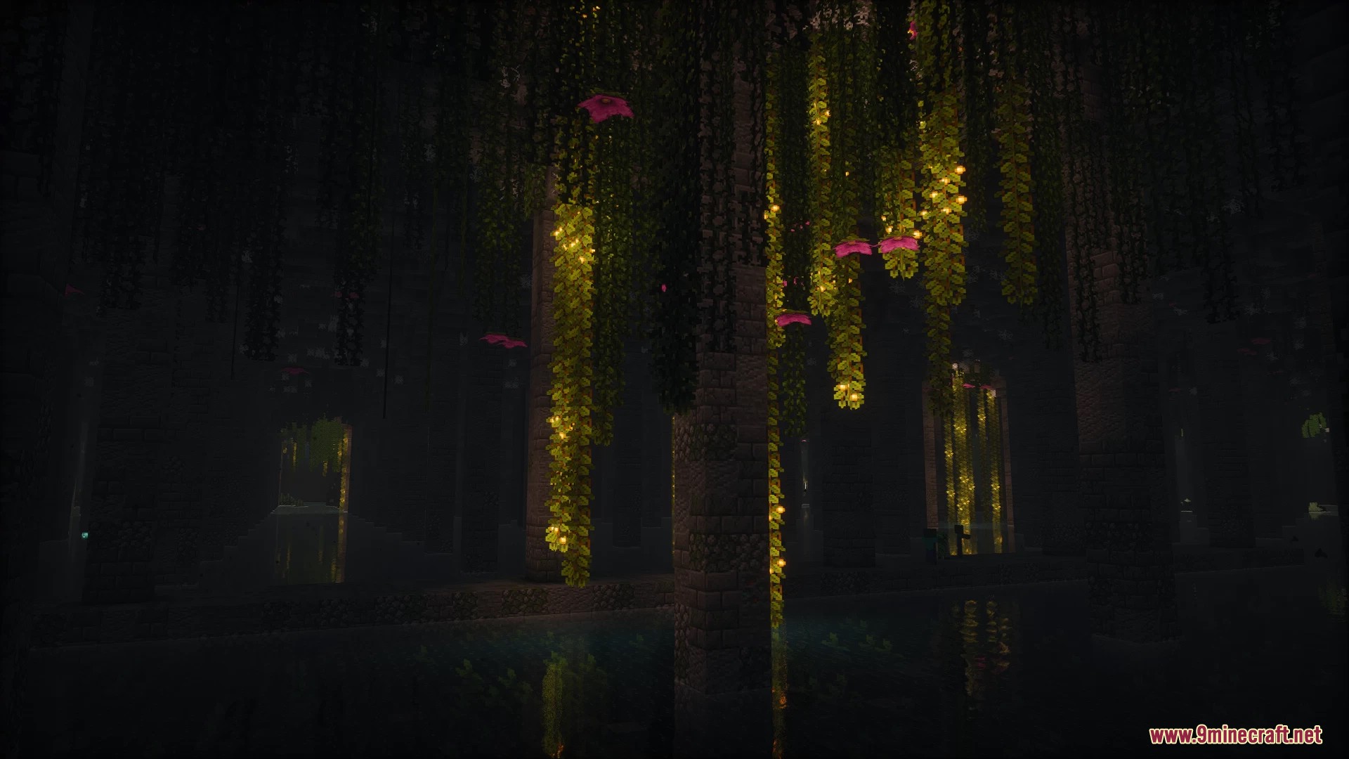 Mosslorn Abandoned Overgrown City With Lore Map (26.1.2, 1.20.1) – Overgrown Ruined City 5 Dark flooded underground area with glowing hanging vines and large pillars