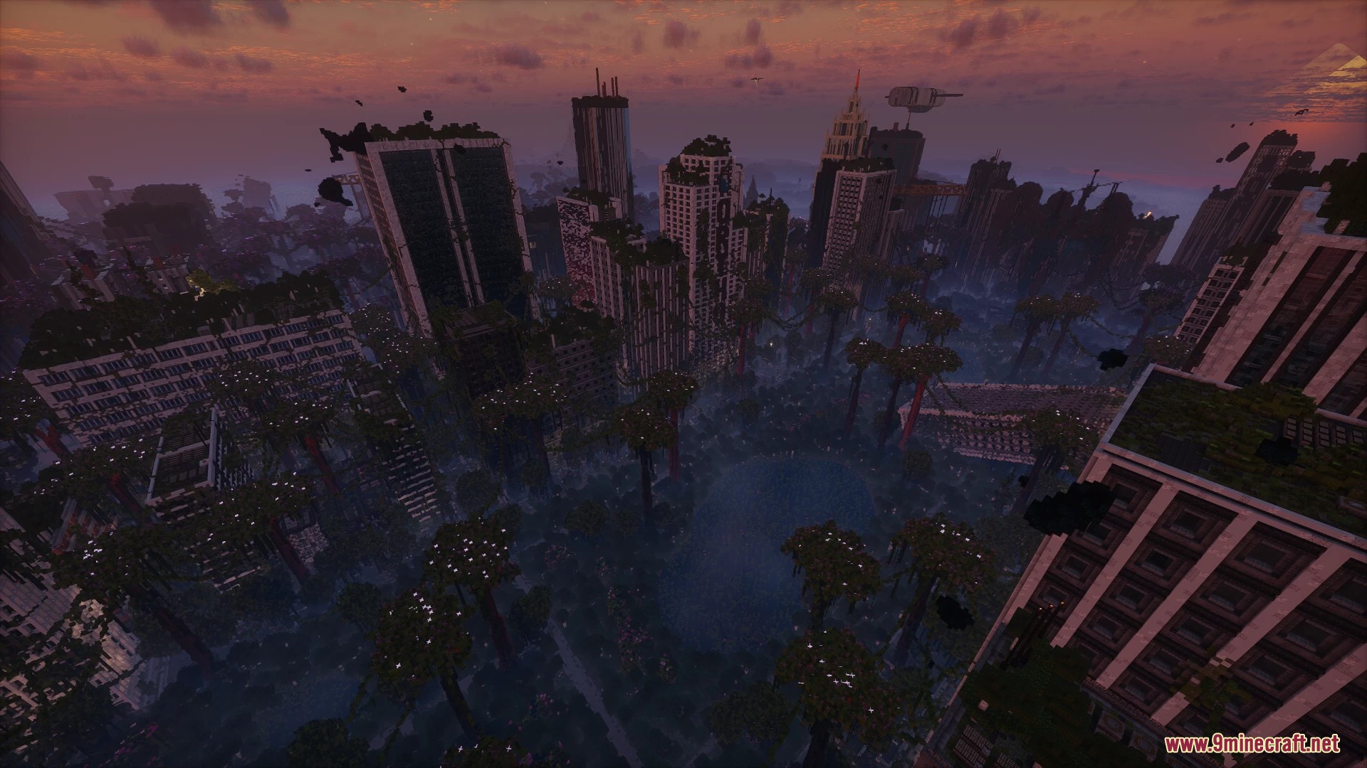 Mosslorn Abandoned Overgrown City With Lore Map (26.1.2, 1.20.1) – Overgrown Ruined City 8 Aerial view of the ruined overgrown city with floating sculk blocks