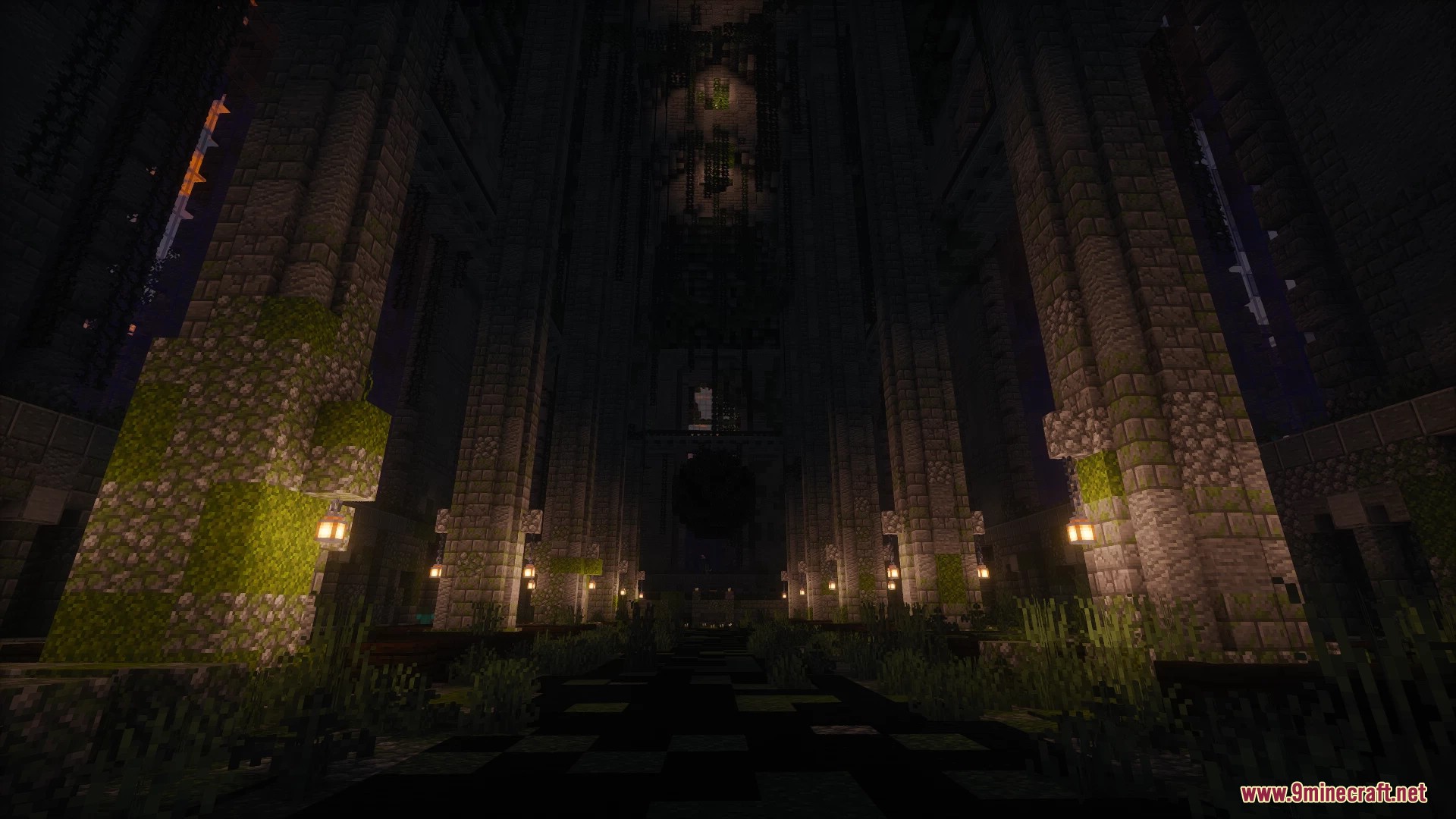Mosslorn Abandoned Overgrown City With Lore Map (26.1.2, 1.20.1) – Overgrown Ruined City 9 Dark interior hall with tall stone pillars covered in green moss