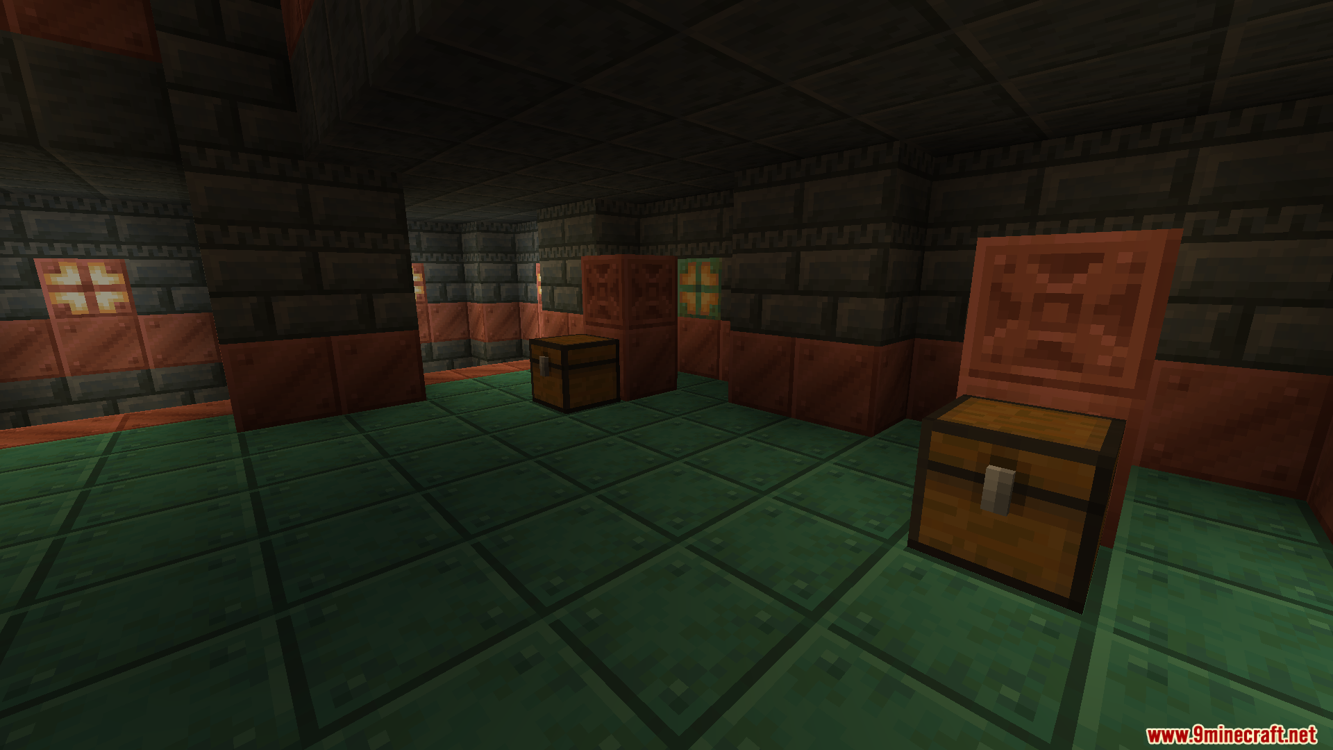 New Trials Mod (1.20.1) – Adds Trial Chambers And New Mobs 5 Chests and copper blocks inside a trial chamber room