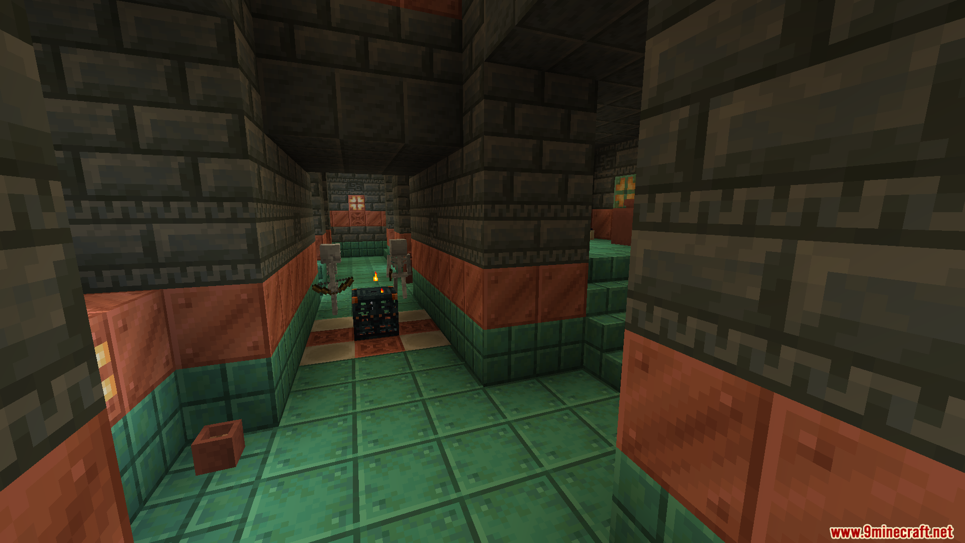 New Trials Mod (1.20.1) – Adds Trial Chambers And New Mobs 8 Skeletons spawning from a trial spawner in a tuff brick hallway