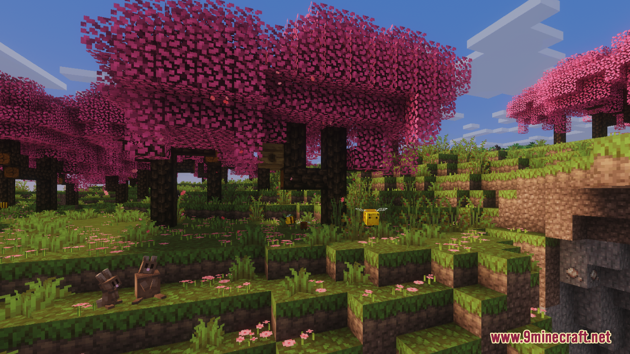 Pixel perfection fidelity cherry trees with flying bees and rabbits