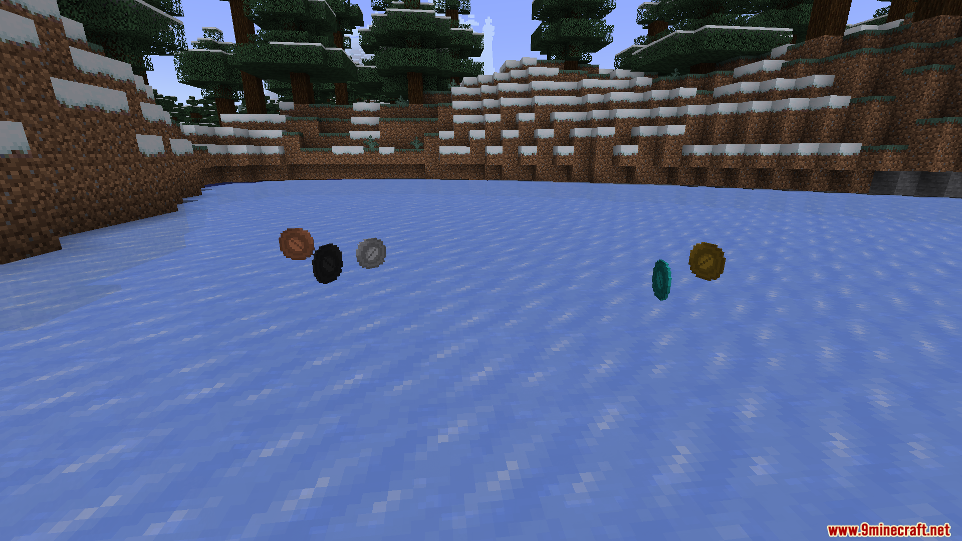 Pixie Co Mod (1.20.1) – Earn Coins And Buy Upgrades 3 Bronze silver gold and diamond coins floating on a frozen river