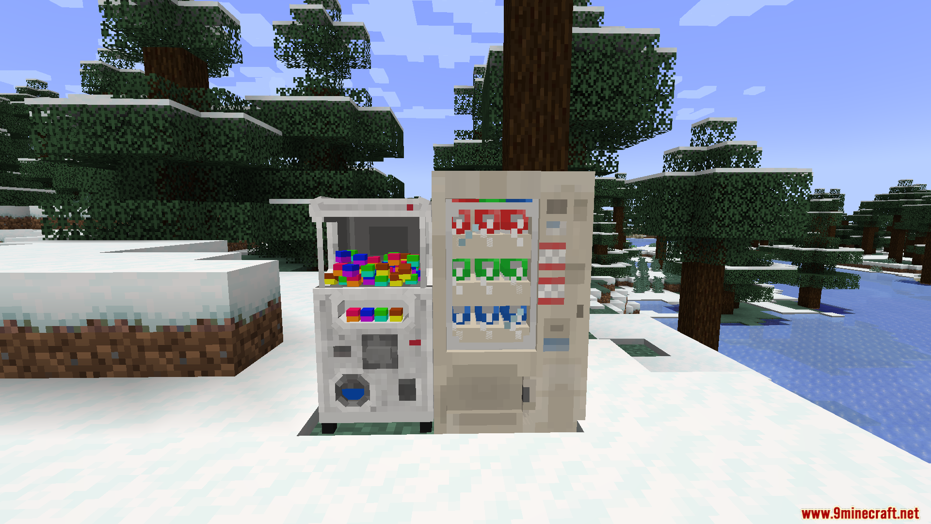 Pixie Co Mod (1.20.1) – Earn Coins And Buy Upgrades 5 Custom gachapon machine and vending machine placed in a snowy biome