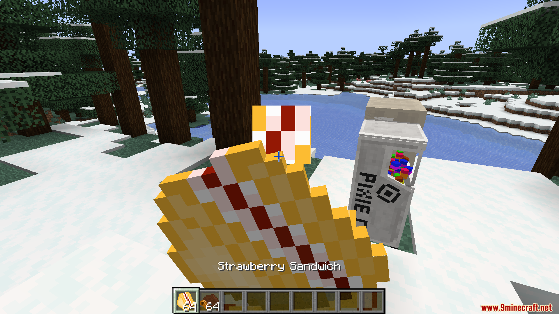 Pixie Co Mod (1.20.1) – Earn Coins And Buy Upgrades 8 Player holding a strawberry sandwich near a pixie co machine