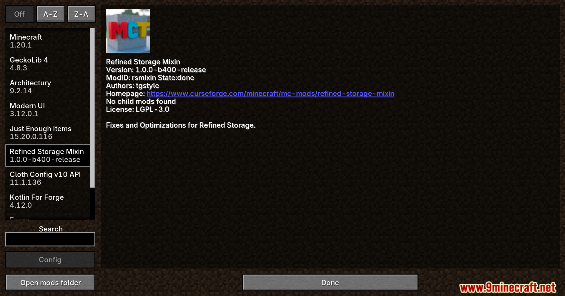Refined Storage Mixin Mod (1.20.1) – Fixes Lag In Storage Networks 2 Mod list showing refined storage mixin installed and active