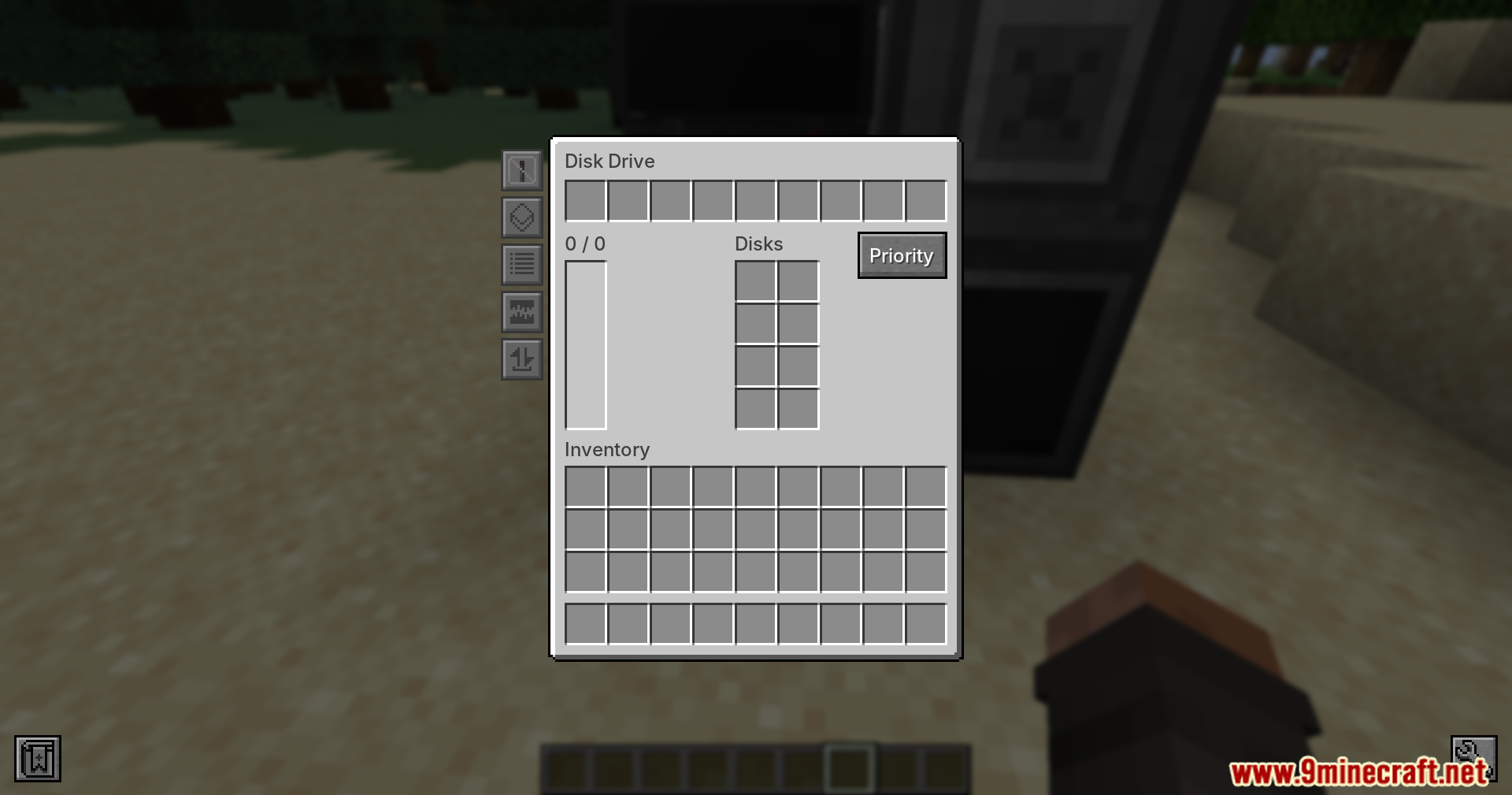 Refined Storage Mixin Mod (1.20.1) – Fixes Lag In Storage Networks 4 Disk drive interface displaying empty disk slots and priority settings
