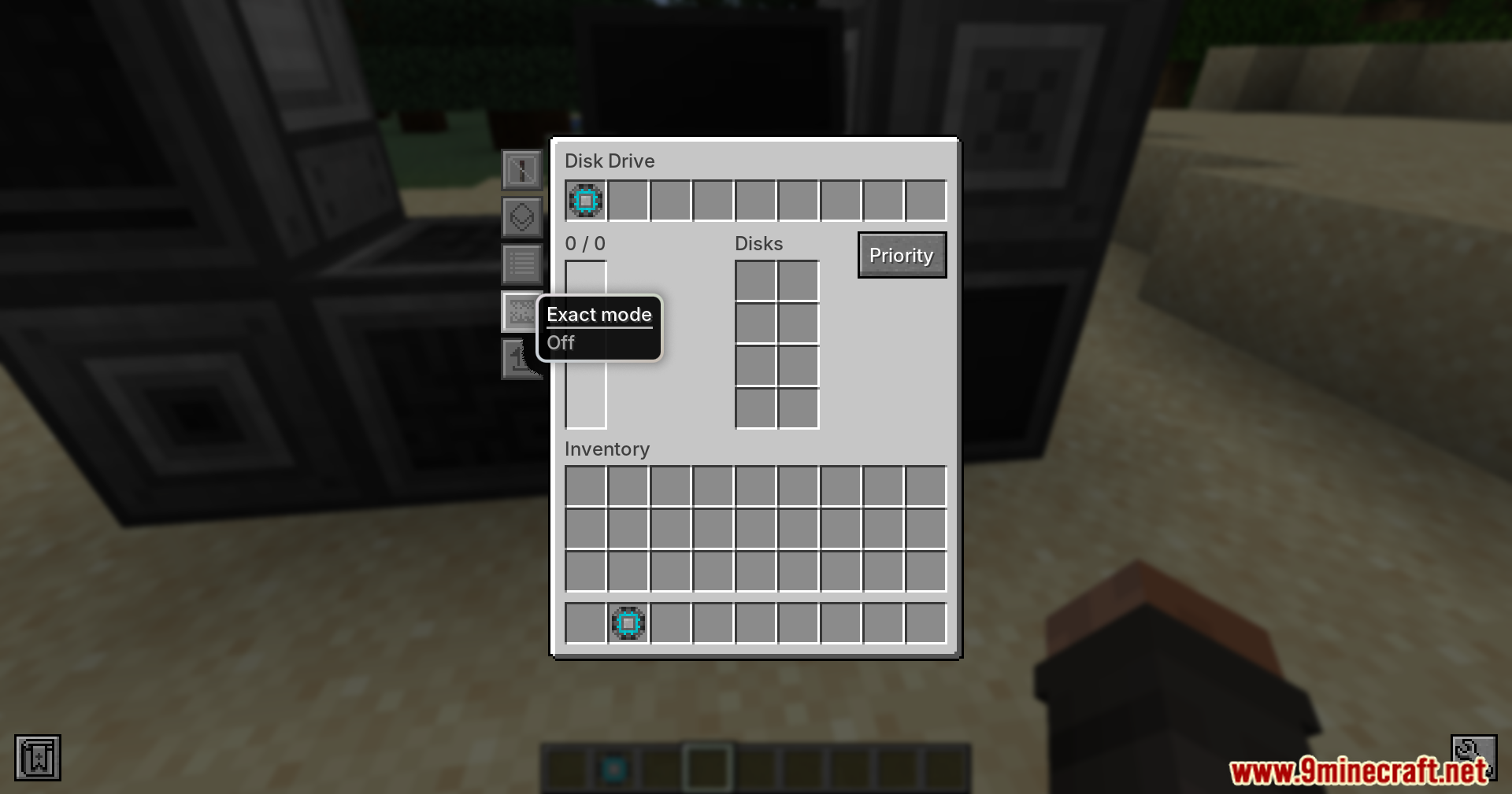 Refined Storage Mixin Mod (1.20.1) – Fixes Lag In Storage Networks 9 Disk drive inventory interface showing exact mode toggled off in settings