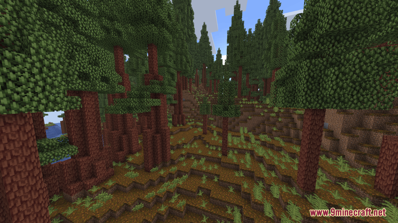 Retextures O’ Plenty Texture Pack Resource Pack (1.21.10, 1.20.1) – Updates Biomes O Plenty Textures 5 Tall trees with reddish wood in the redwood forest biome