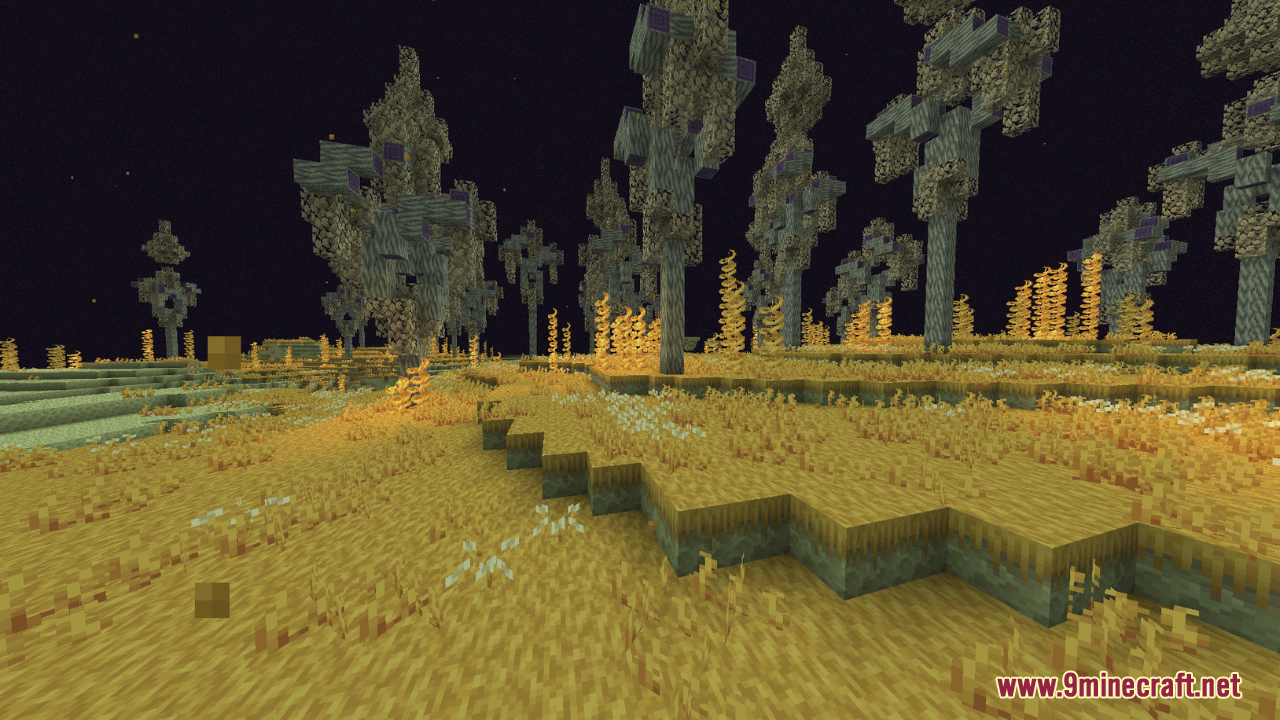 Retextures O’ Plenty Texture Pack Resource Pack (1.21.10, 1.20.1) – Updates Biomes O Plenty Textures 7 A barren landscape with strange trees and yellow grass under a dark sky
