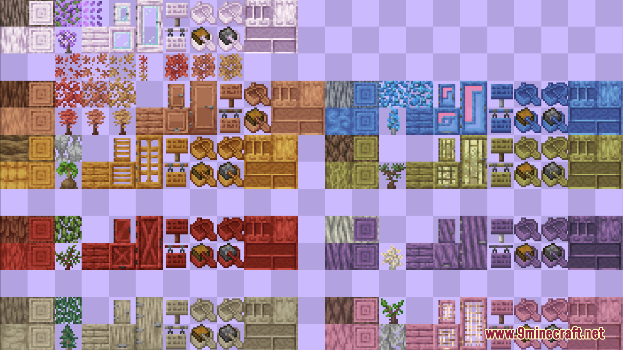 Retextures O’ Plenty Texture Pack Resource Pack (1.21.10, 1.20.1) – Updates Biomes O Plenty Textures 9 A grid showing various wood types and their crafted items