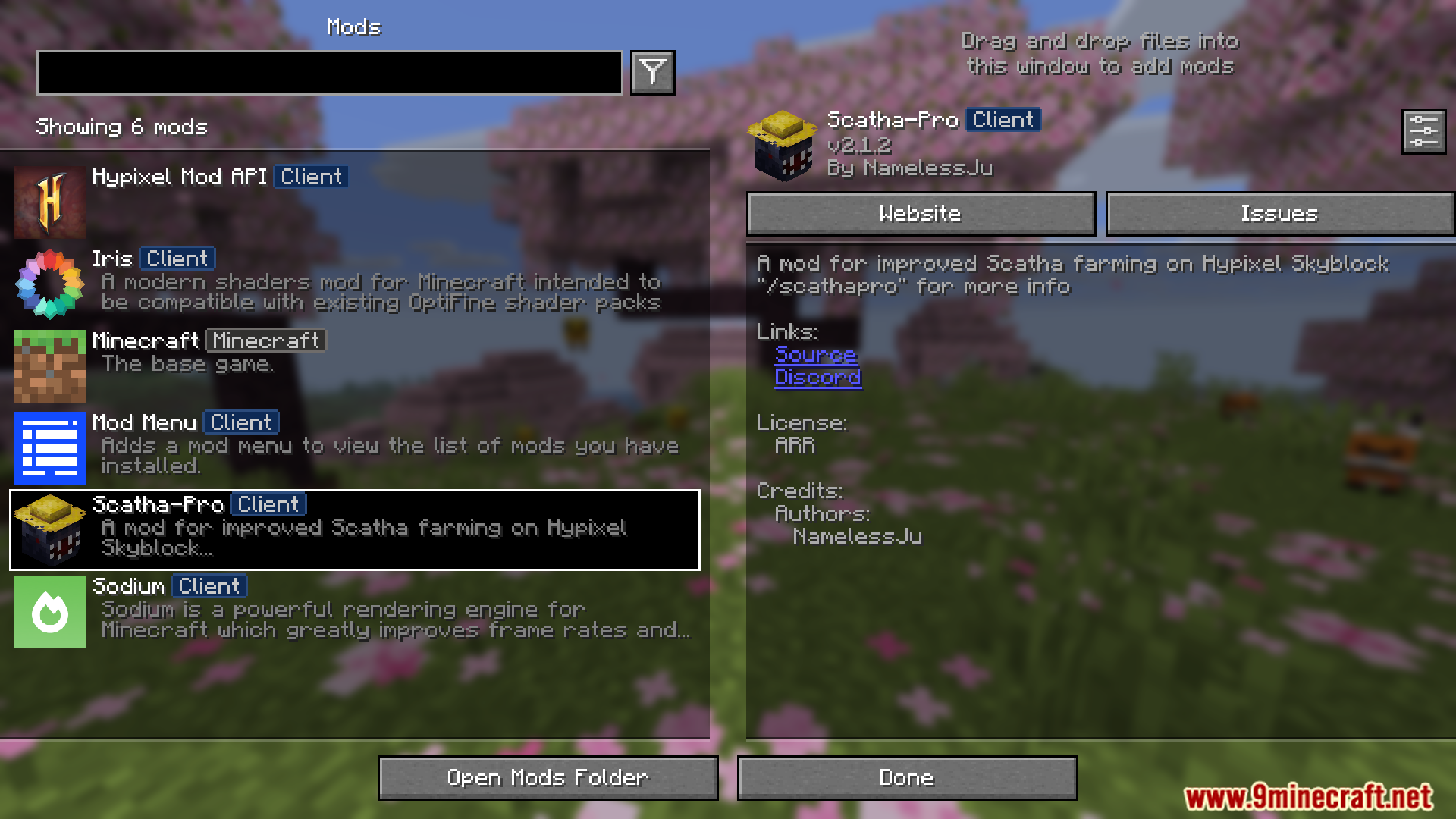 Scatha pro mod menu in minecraft showing installed client modifications