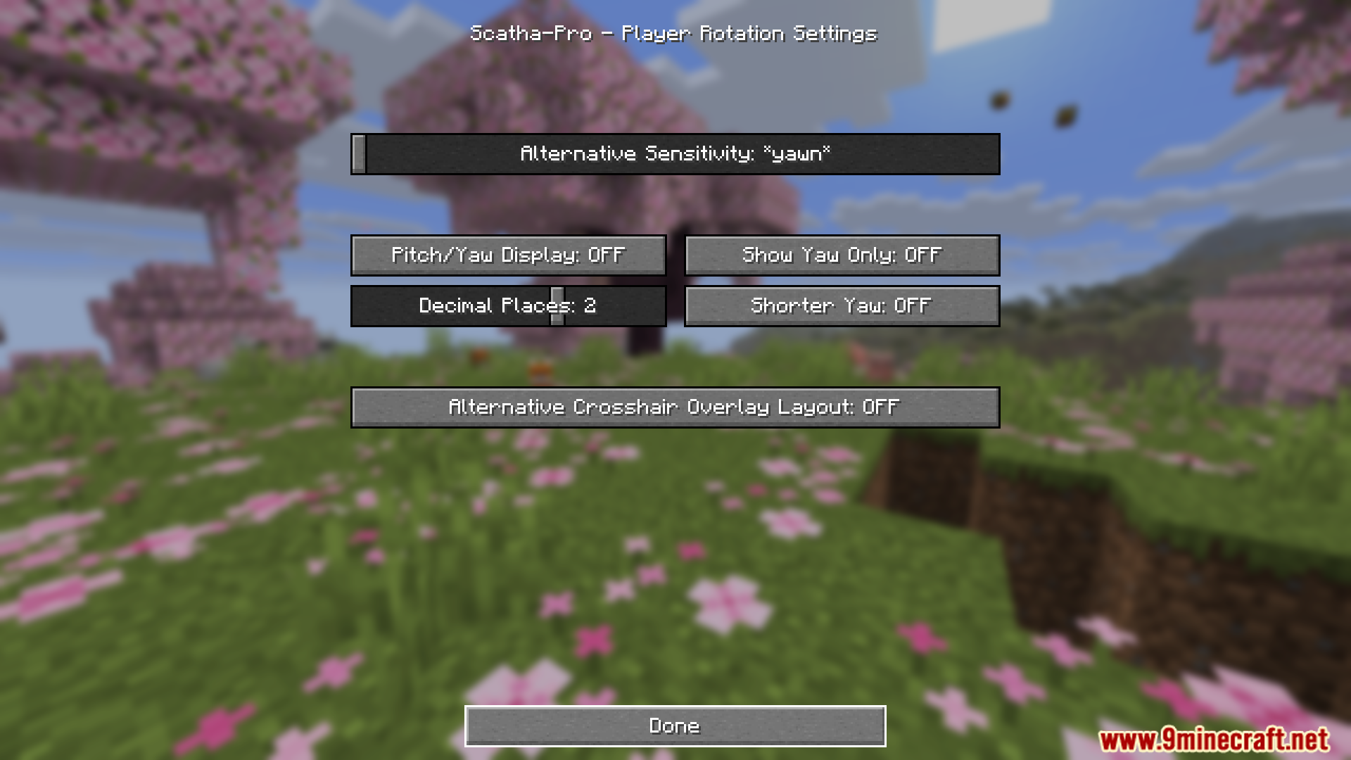 Player rotation settings menu interface in scatha pro mod