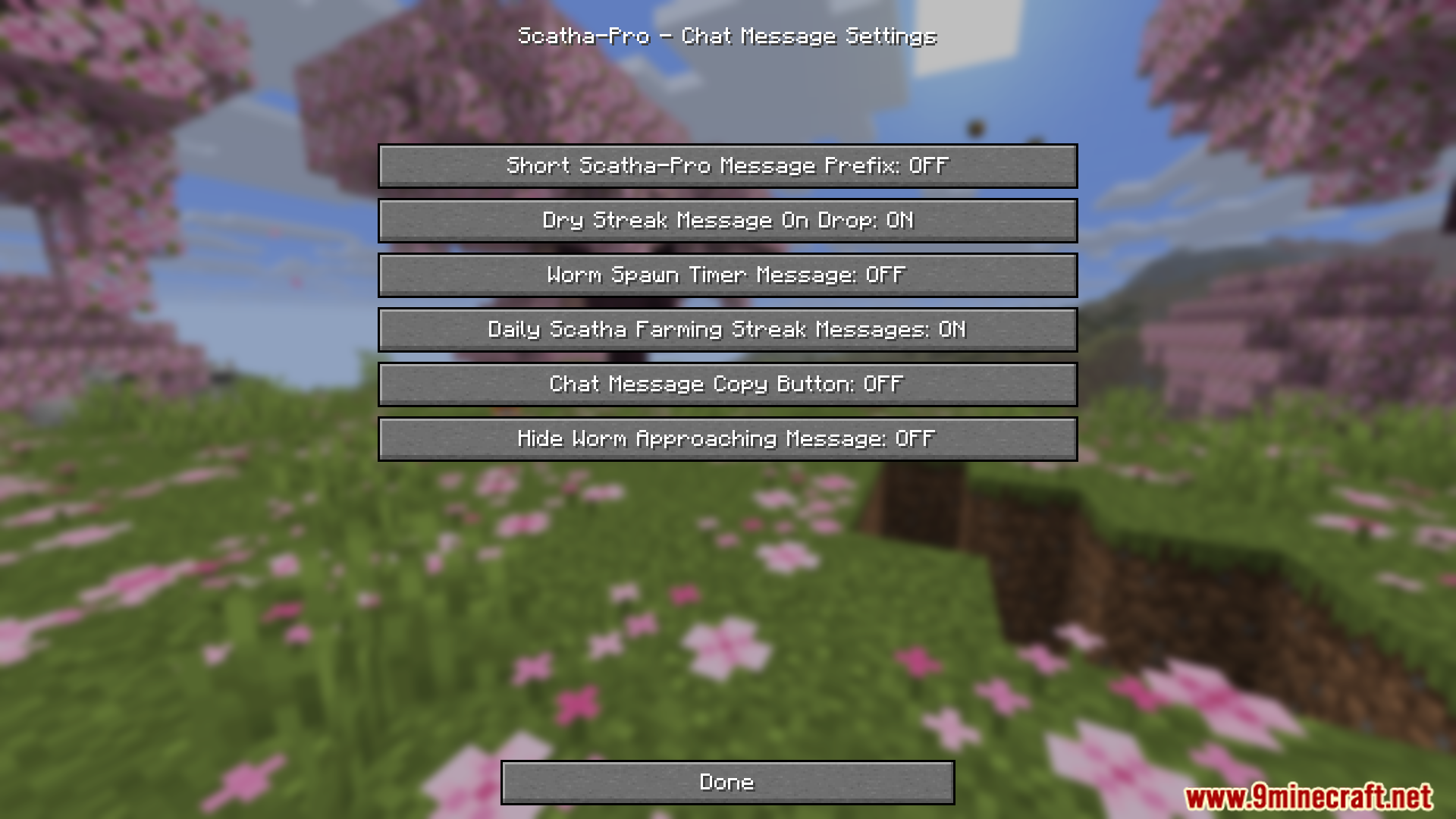 Scatha pro chat message settings menu with various toggle options