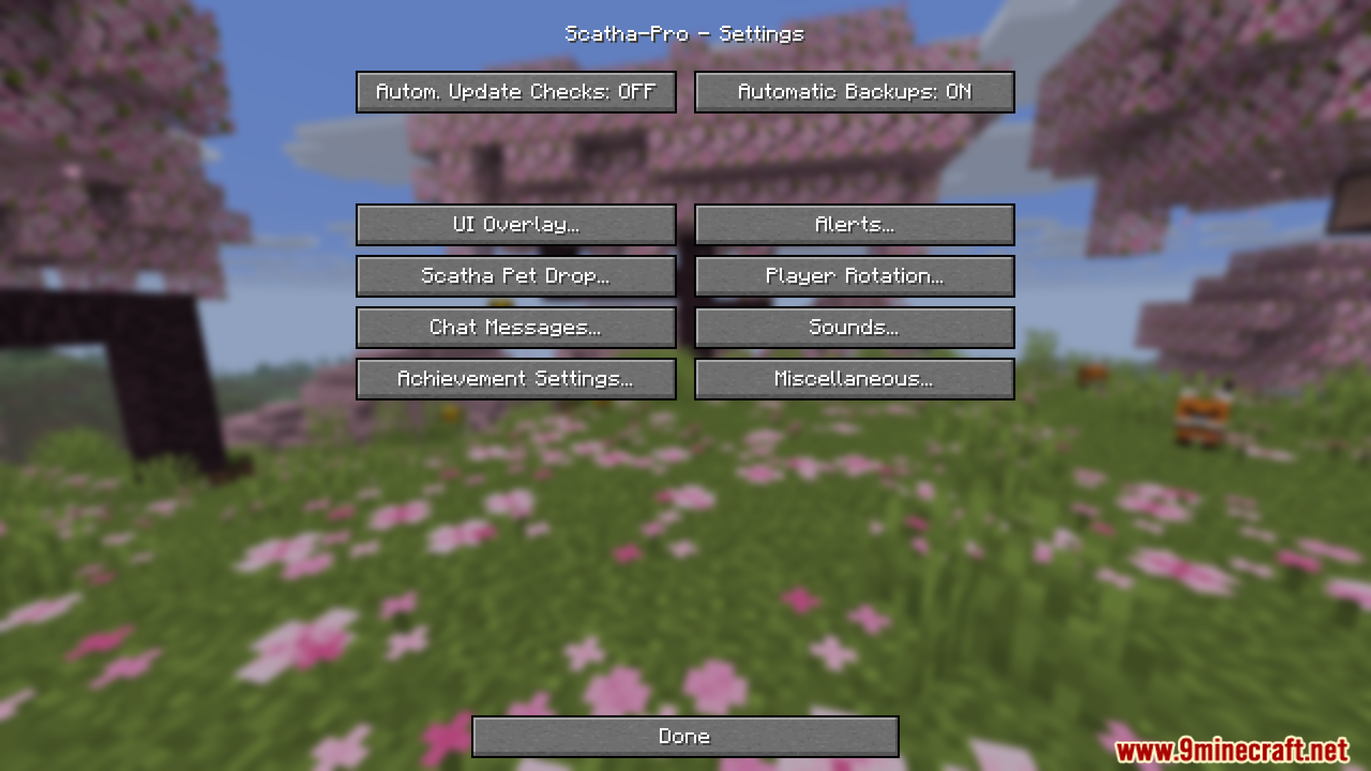 Settings menu for scatha pro mod with various configuration options