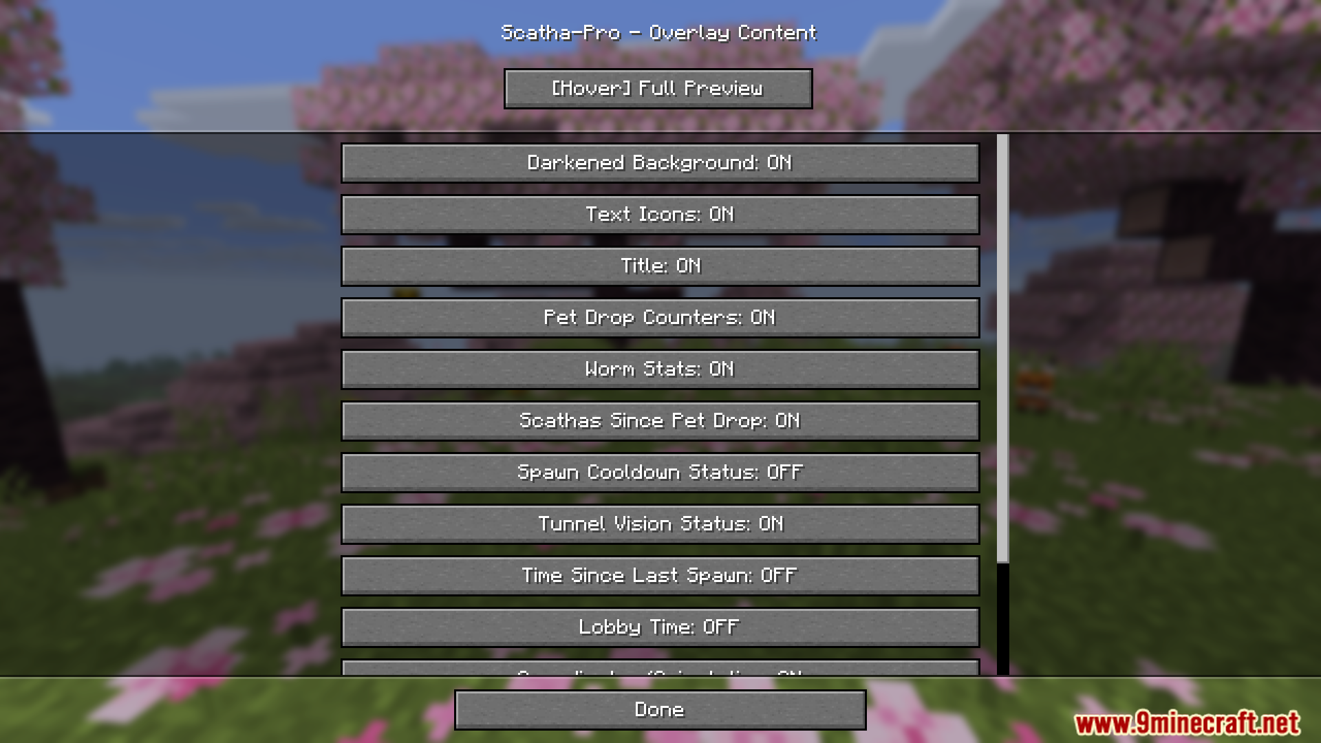 Overlay content settings menu for scatha pro mod in minecraft