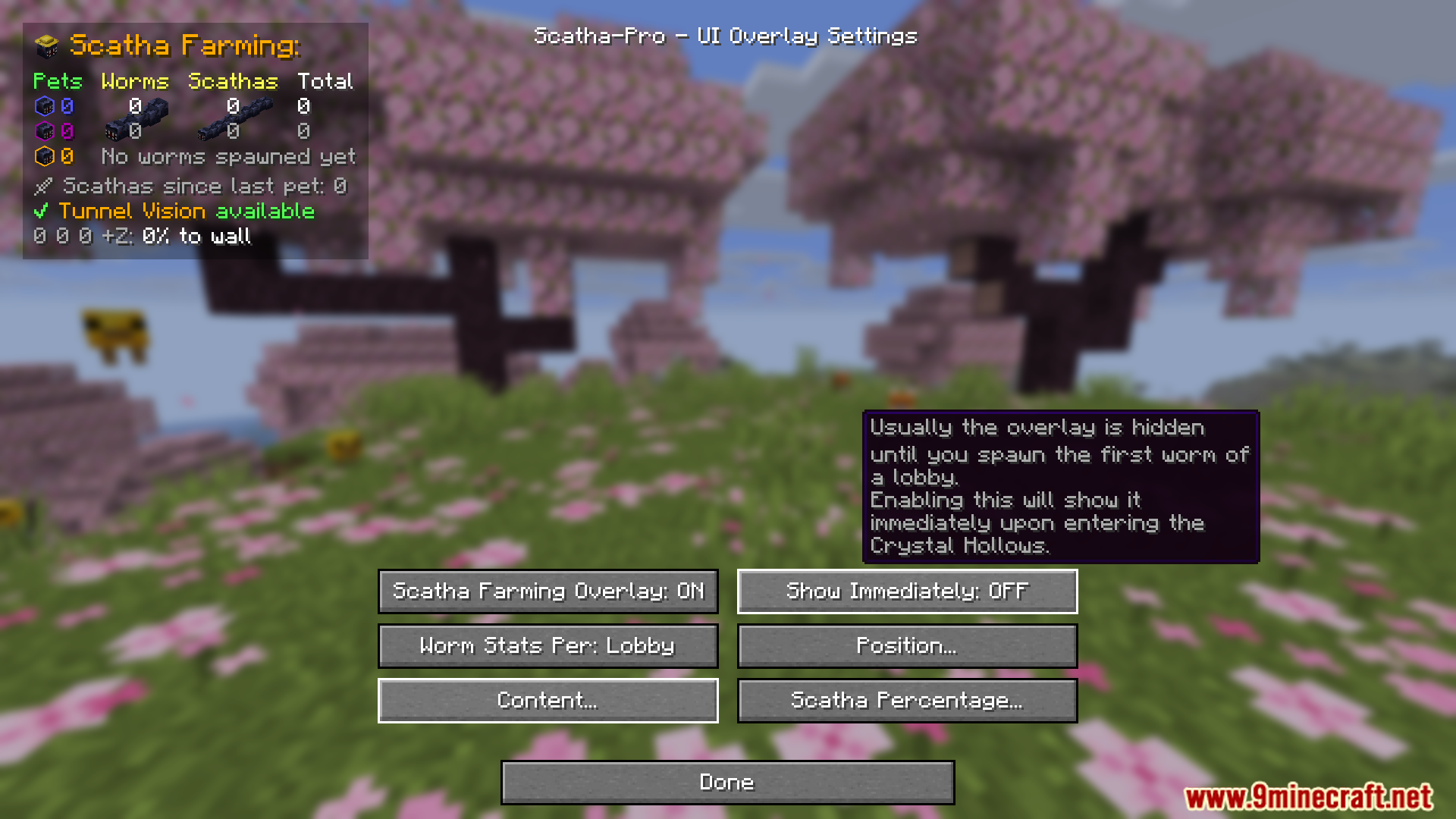 Scatha farming profile stats option in the settings menu