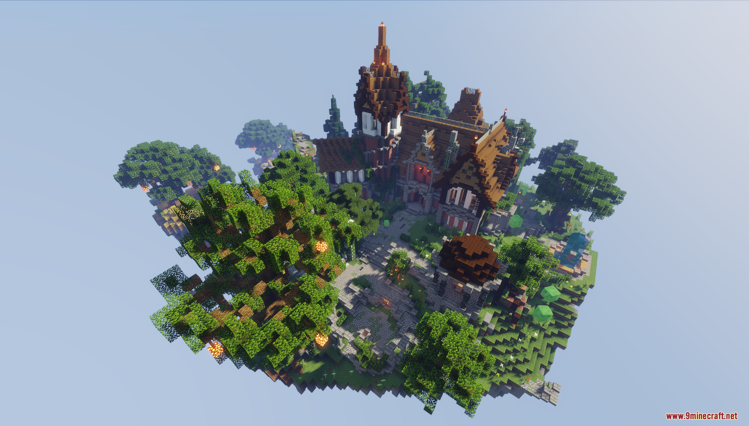 Sky Island Survival Map (26.1.2, 1.20.1) – Survive On Floating Sky Islands 2 Aerial view of the main floating island with a large abandoned base