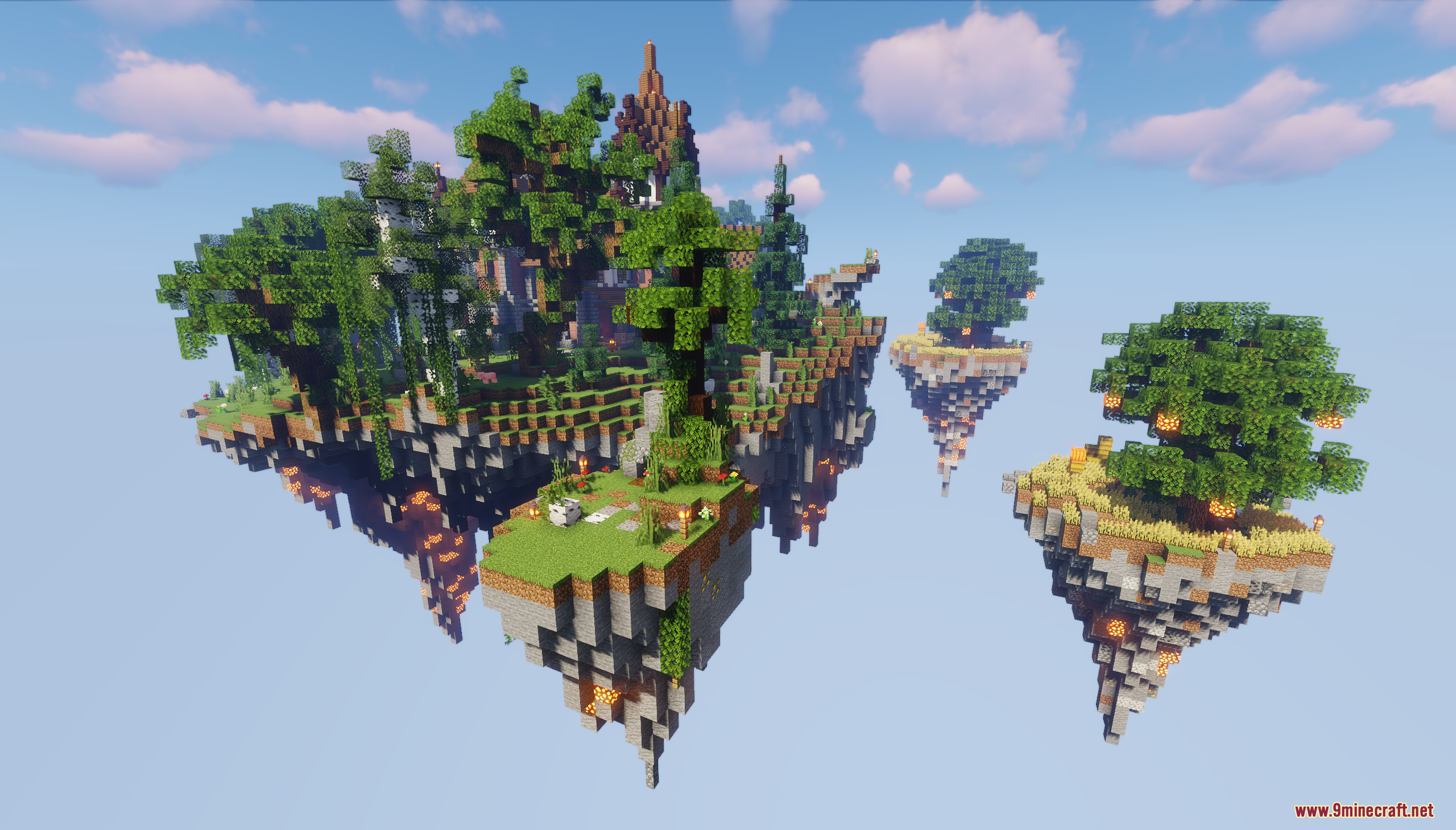 Sky Island Survival Map (26.1.2, 1.20.1) – Survive On Floating Sky Islands 5 Wide view showing the main floating island and smaller surrounding islands