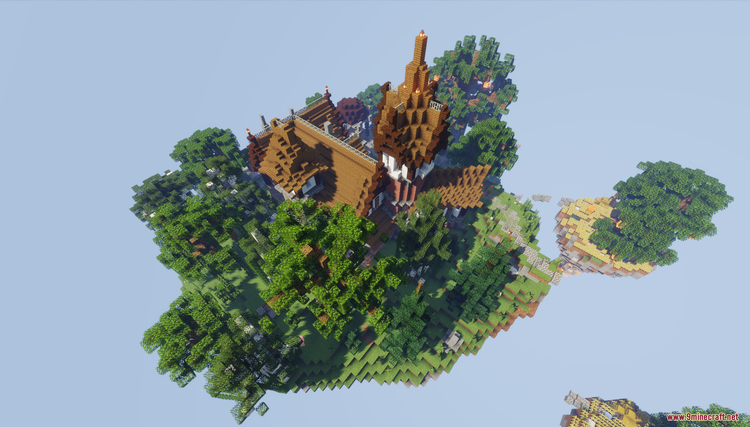 Sky Island Survival Map (26.1.2, 1.20.1) – Survive On Floating Sky Islands 8 Aerial view showing the main base and smaller floating islands